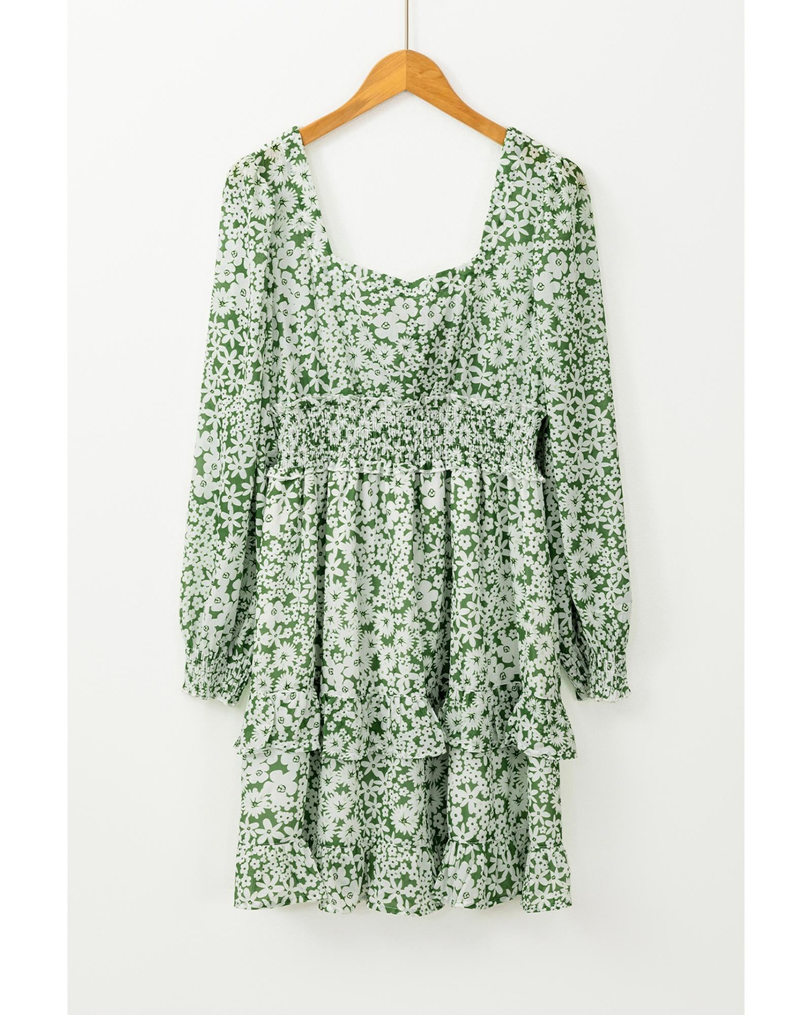 Green Floral Print Square Neck Shirred Waist Tiered Ruffled Mini Dress - M
