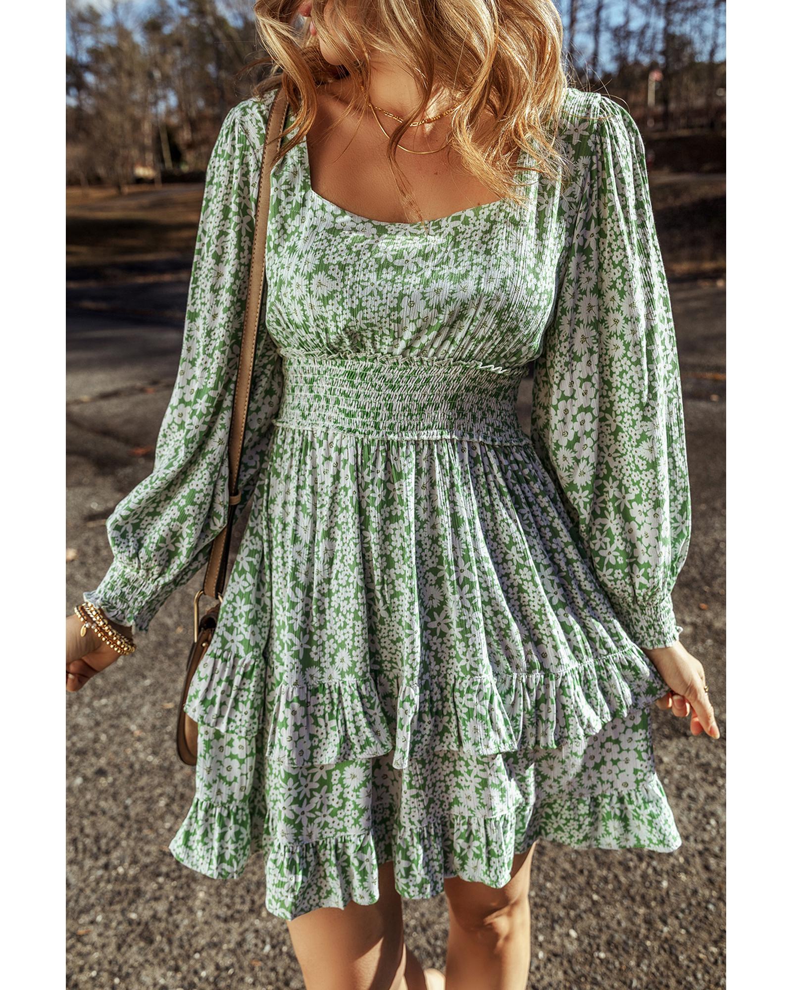 Green Floral Print Square Neck Shirred Waist Tiered Ruffled Mini Dress - XL