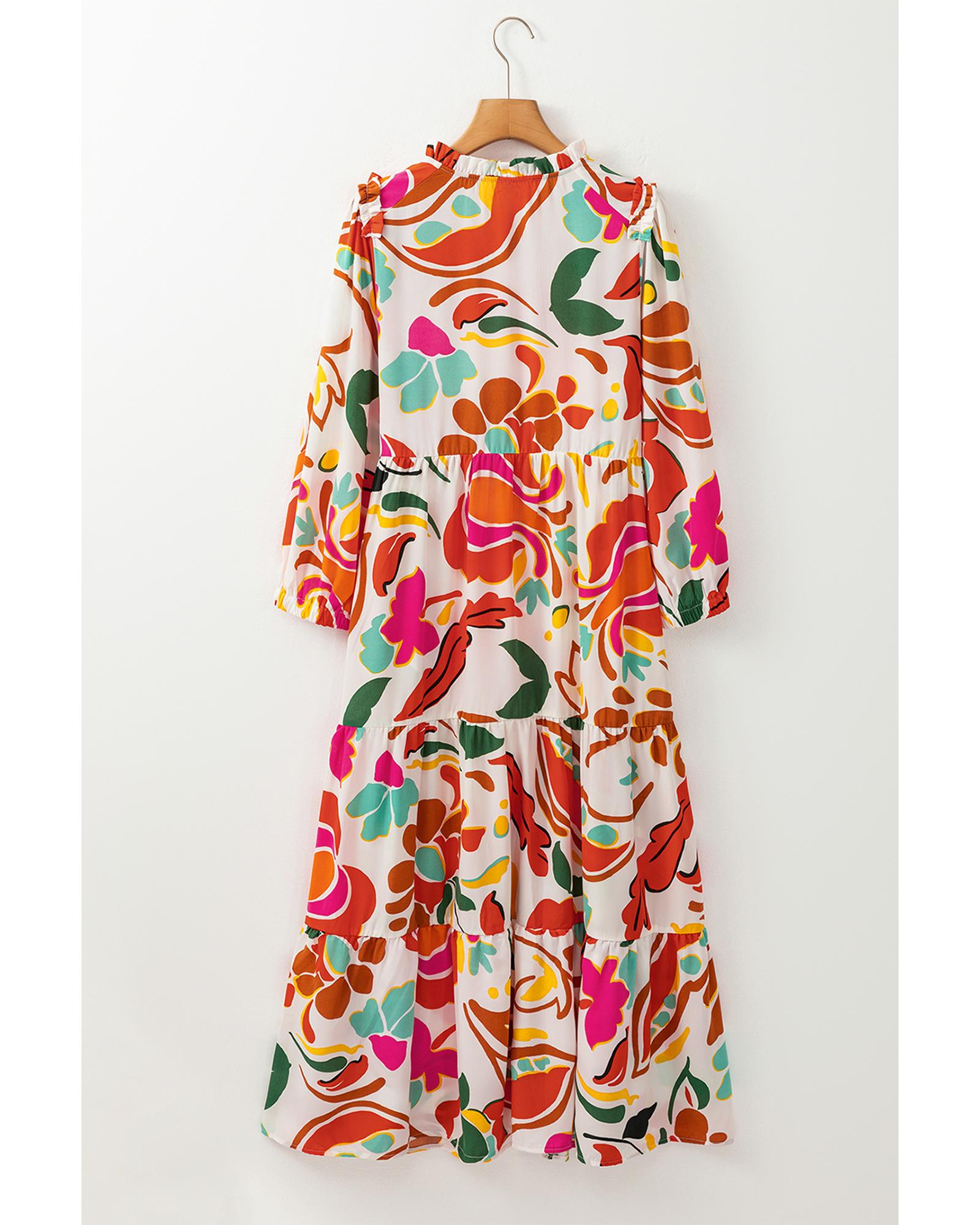Orange Floral Print Split V Neck Tiered Maxi Dress - L