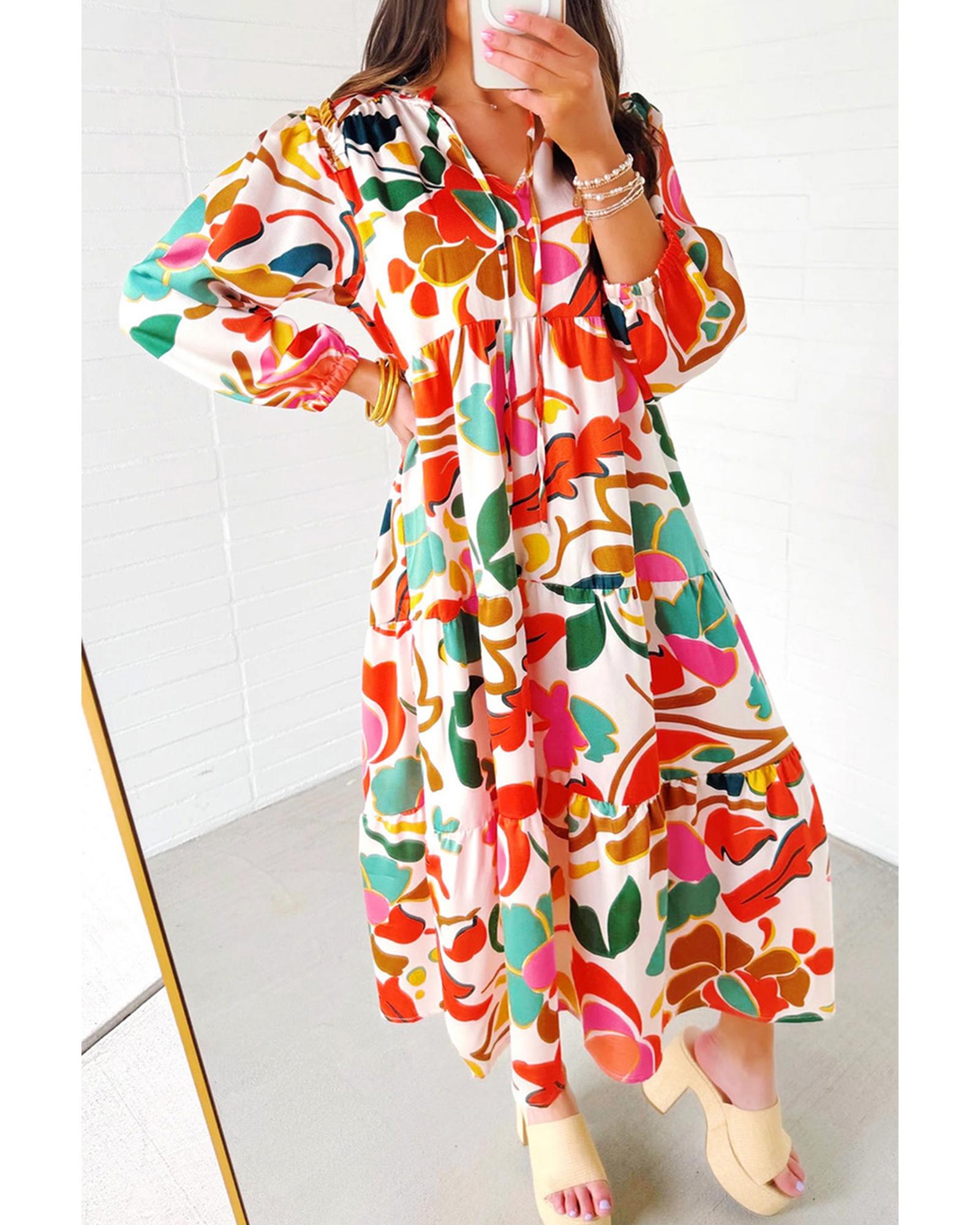 Orange Floral Print Split V Neck Tiered Maxi Dress - M