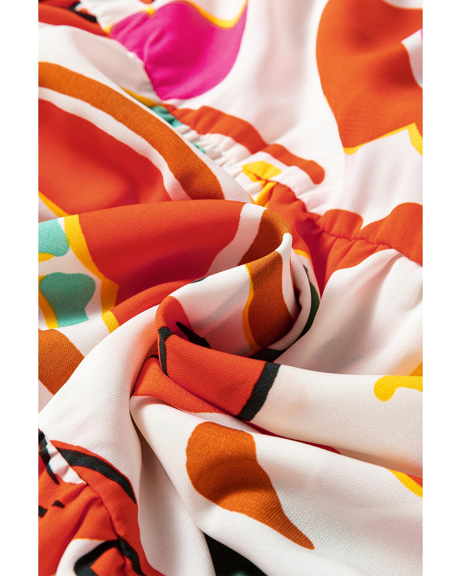 Orange Floral Print Split V Neck Tiered Maxi Dress - S