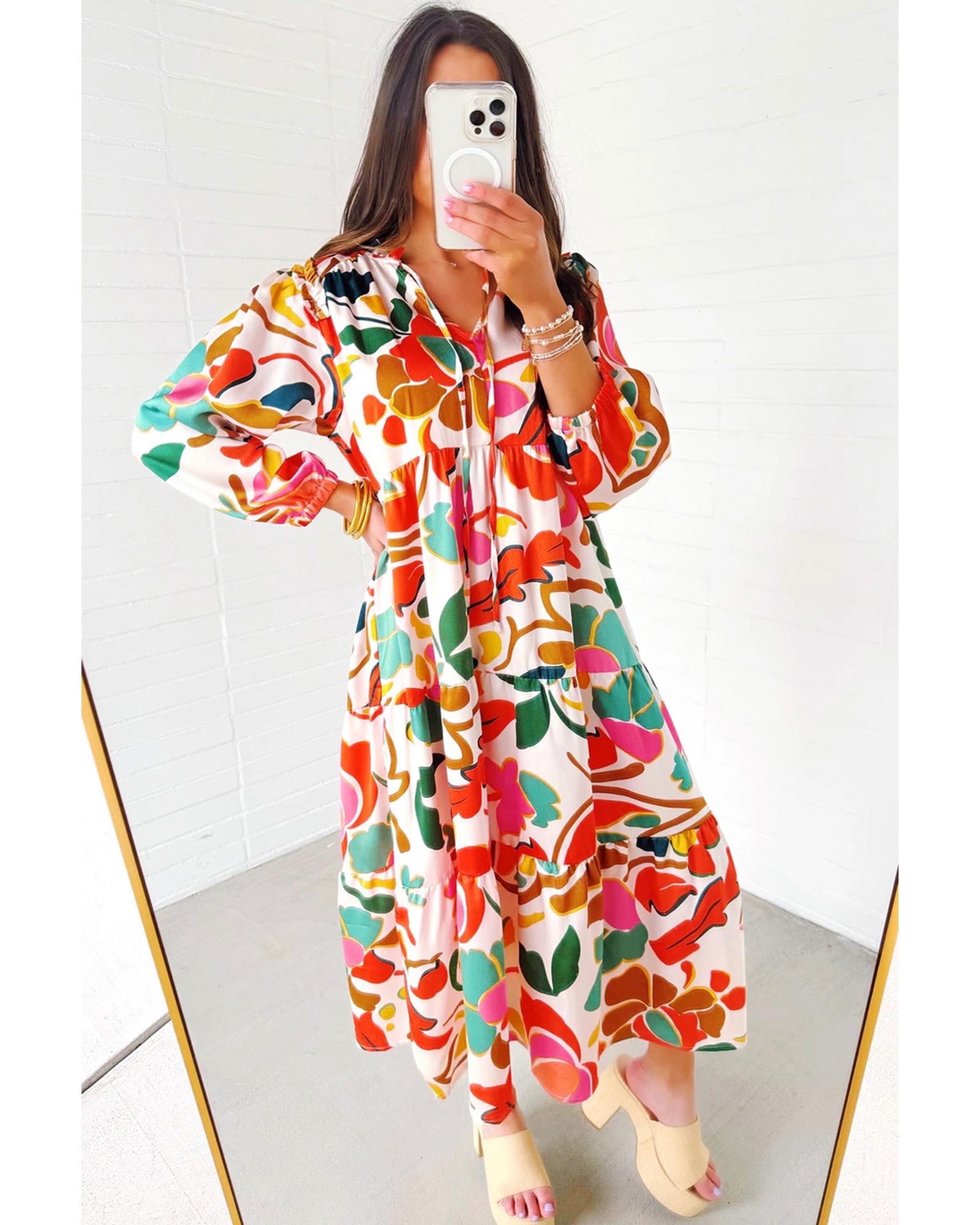 Orange Floral Print Split V Neck Tiered Maxi Dress - S