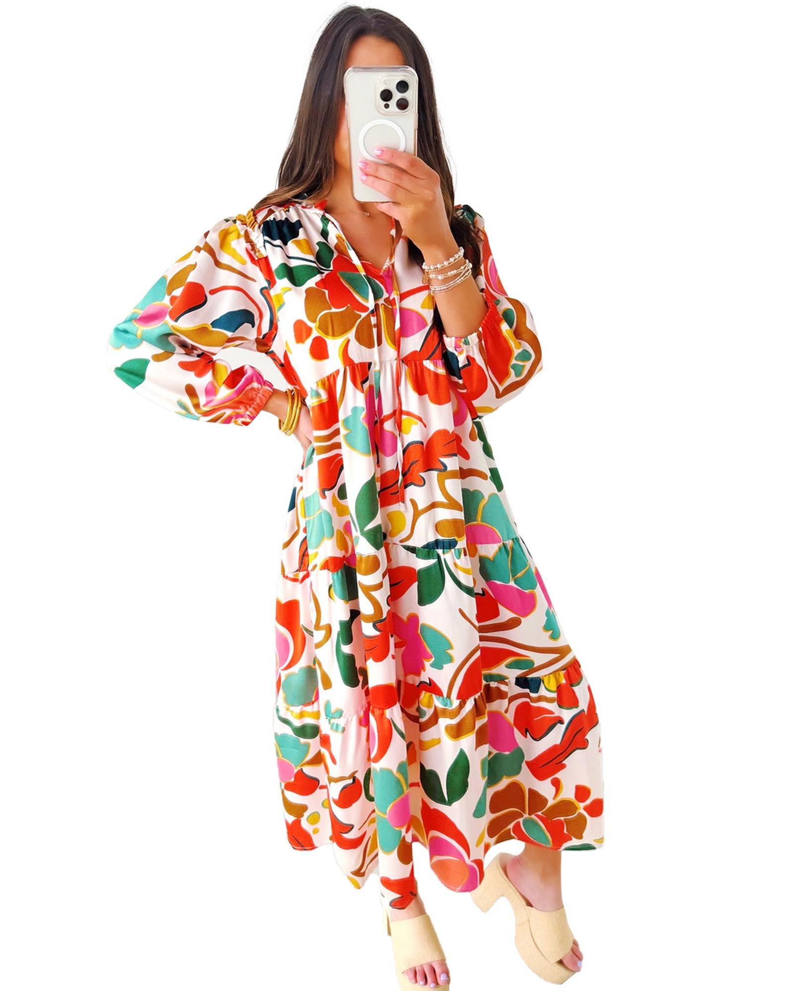 Orange Floral Print Split V Neck Tiered Maxi Dress - S