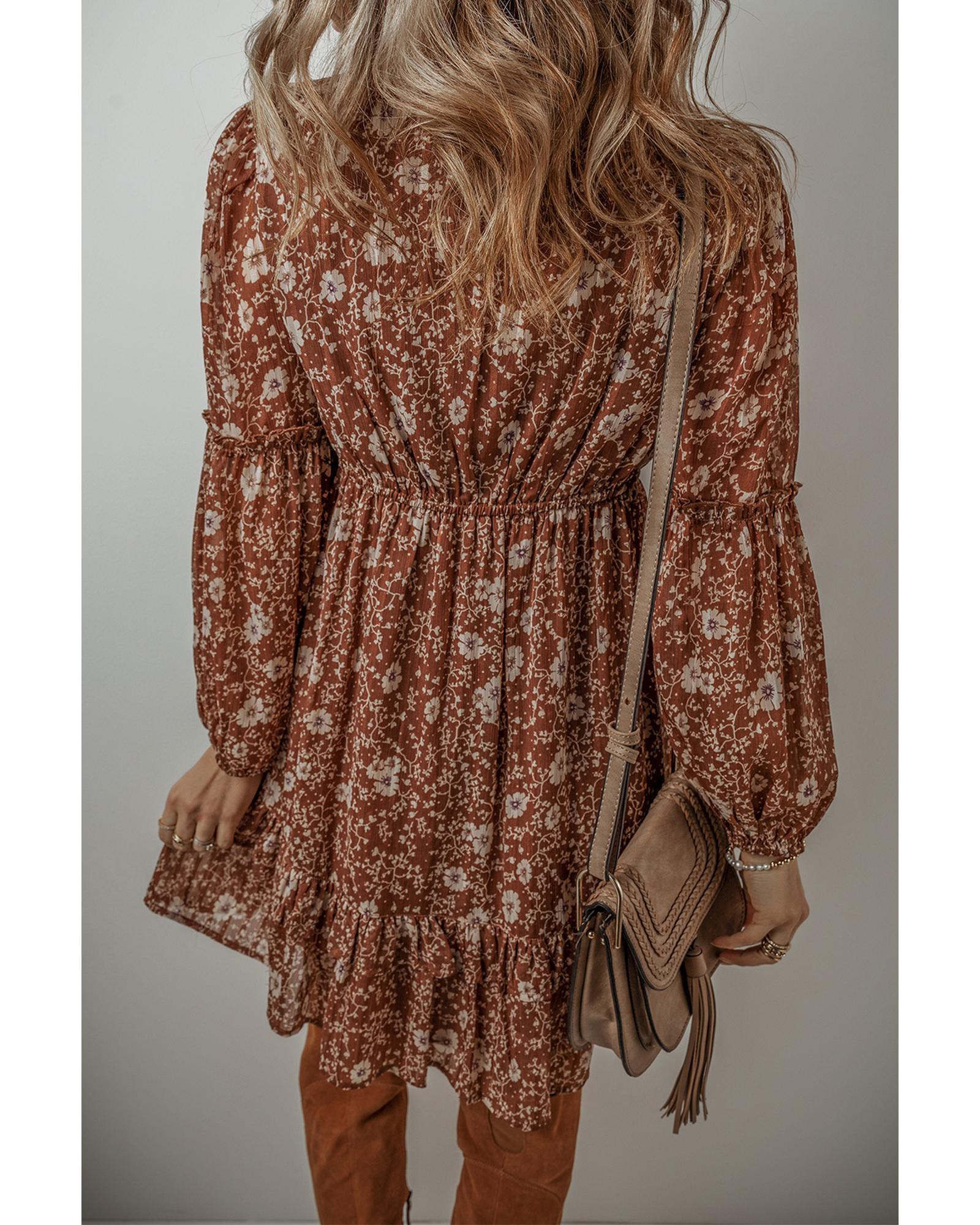 Brown Boho Floral Ruffled Puff Sleeve V Neck Mini Dress - M