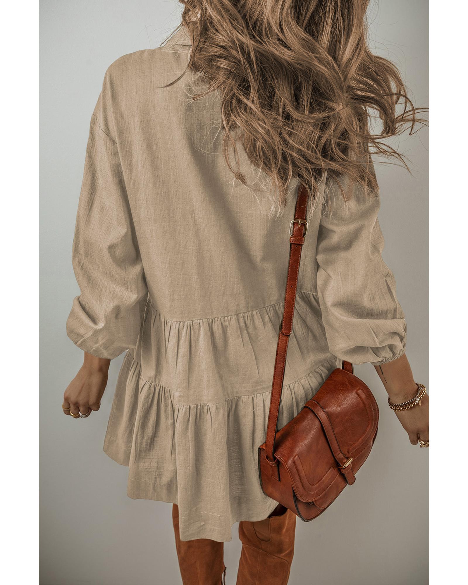 Tan Puff Sleeve Buttoned Tiered Pleated Shirt Mini Dress - M