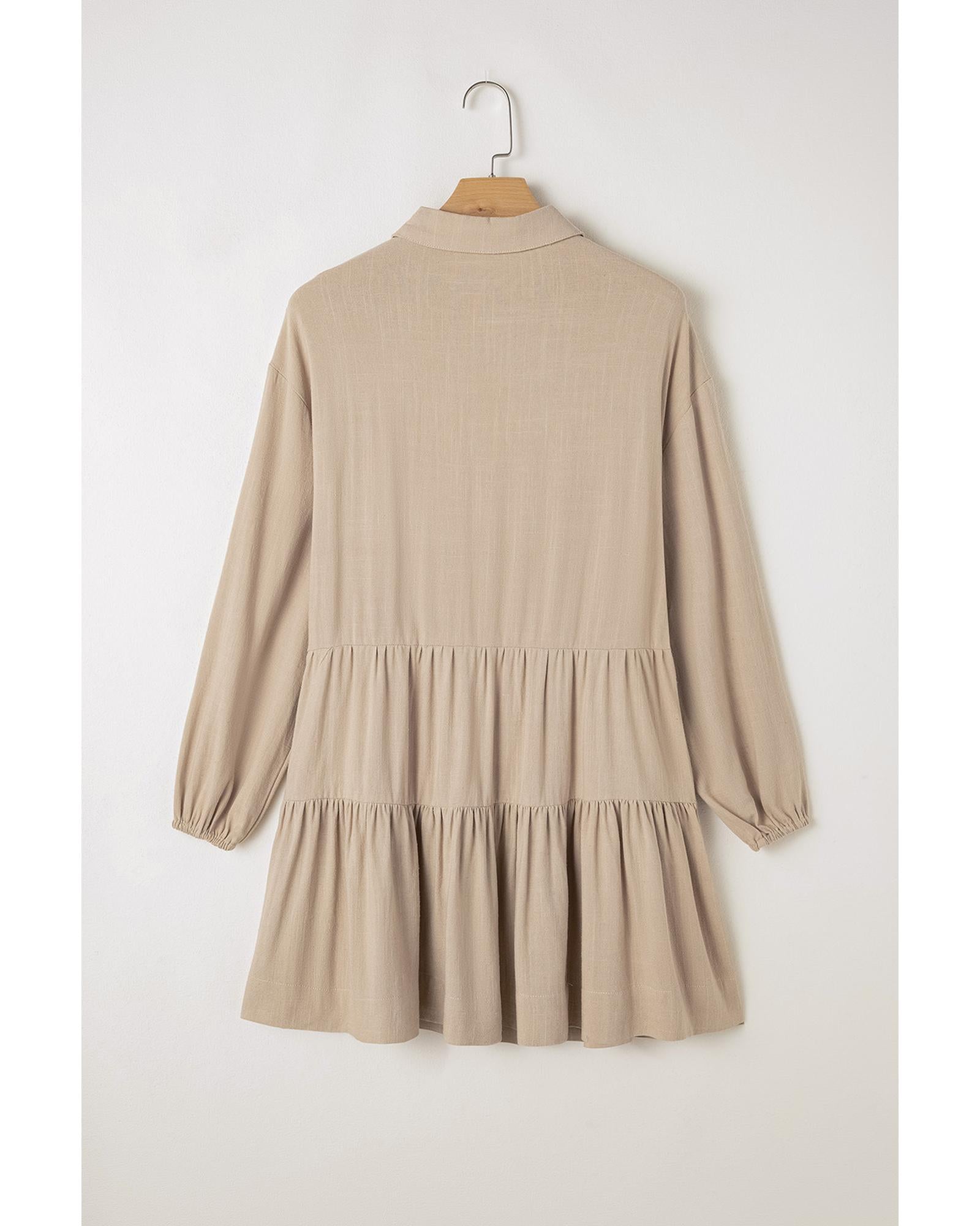 Tan Puff Sleeve Buttoned Tiered Pleated Shirt Mini Dress - M