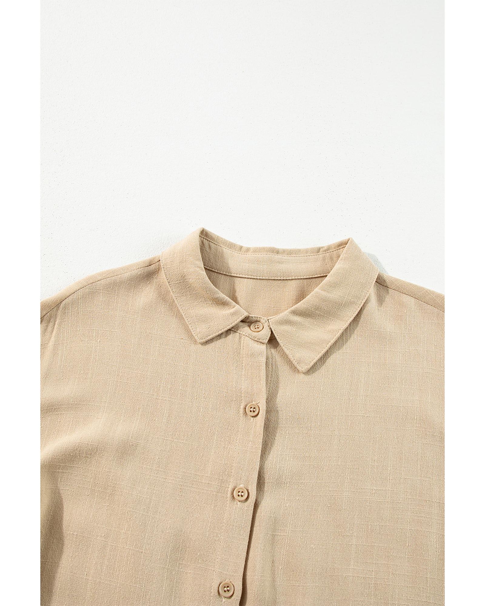 Tan Puff Sleeve Buttoned Tiered Pleated Shirt Mini Dress - M