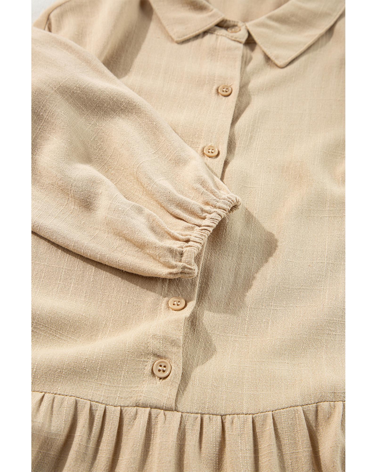 Tan Puff Sleeve Buttoned Tiered Pleated Shirt Mini Dress - M