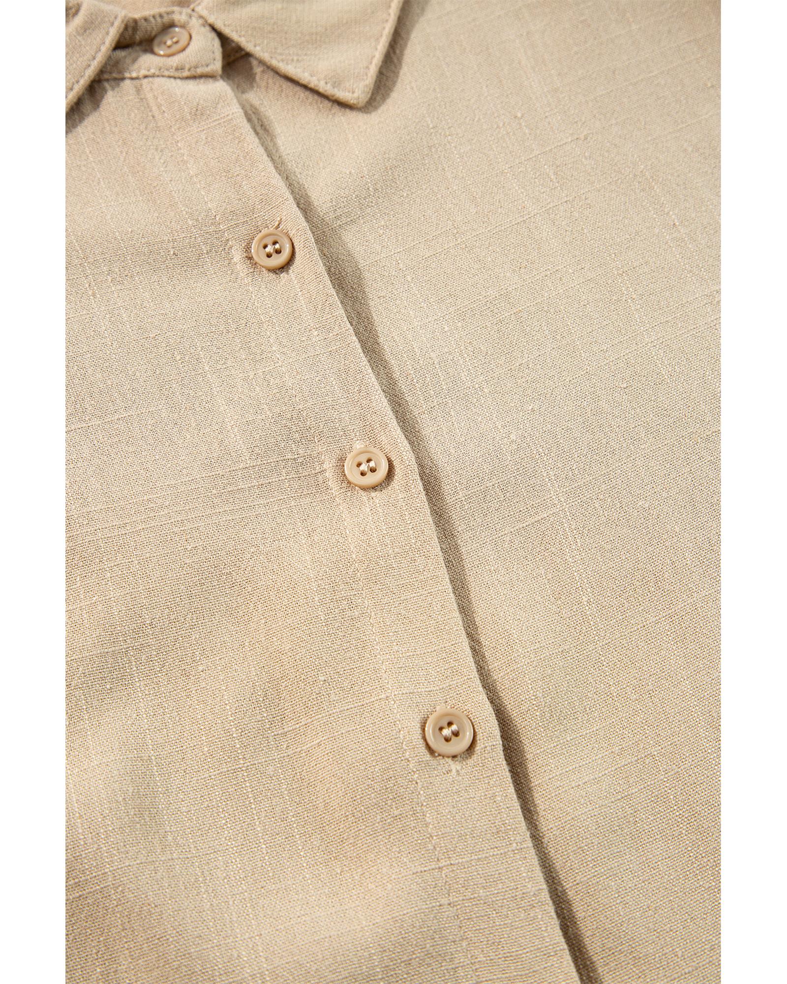 Tan Puff Sleeve Buttoned Tiered Pleated Shirt Mini Dress - M
