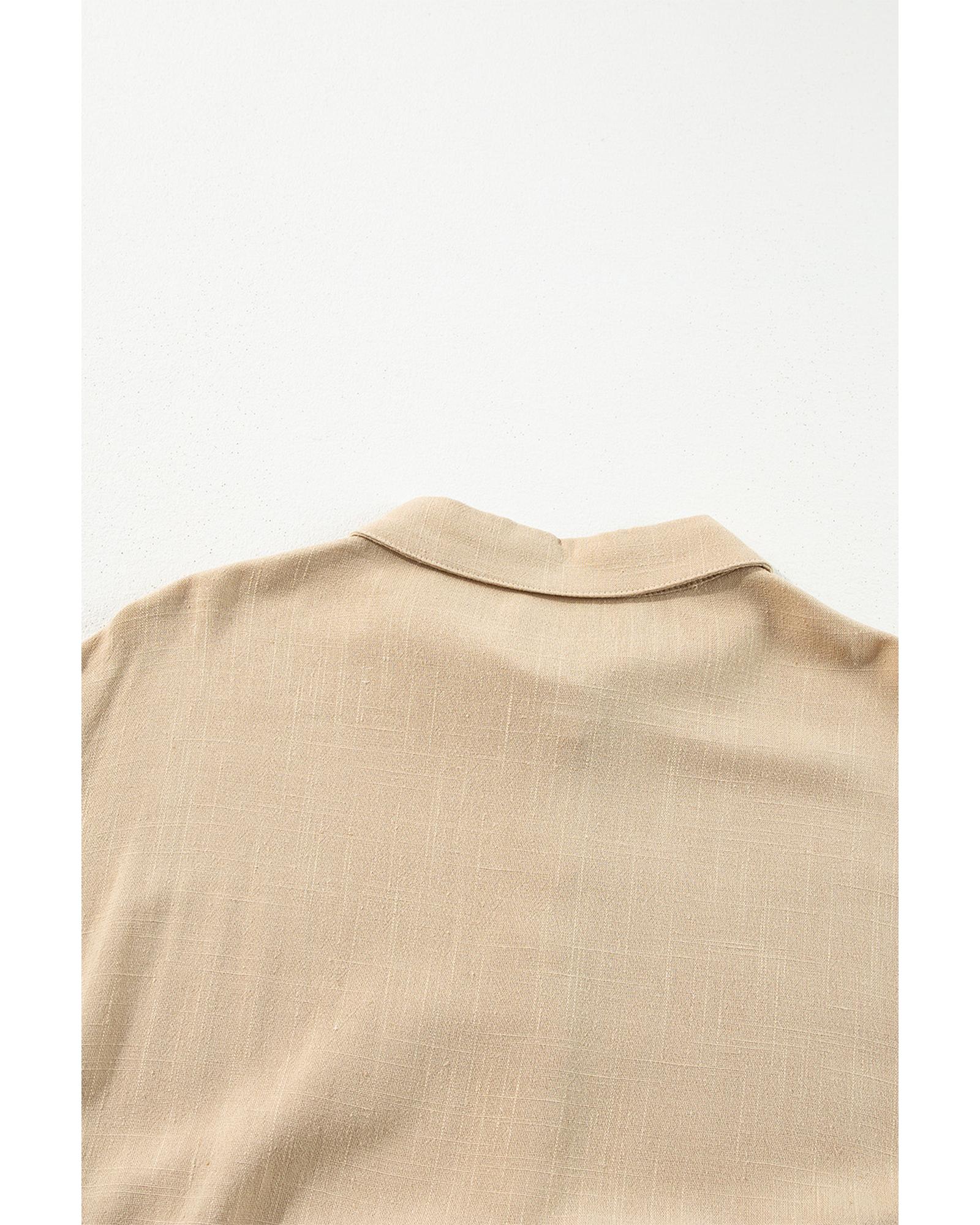Tan Puff Sleeve Buttoned Tiered Pleated Shirt Mini Dress - M