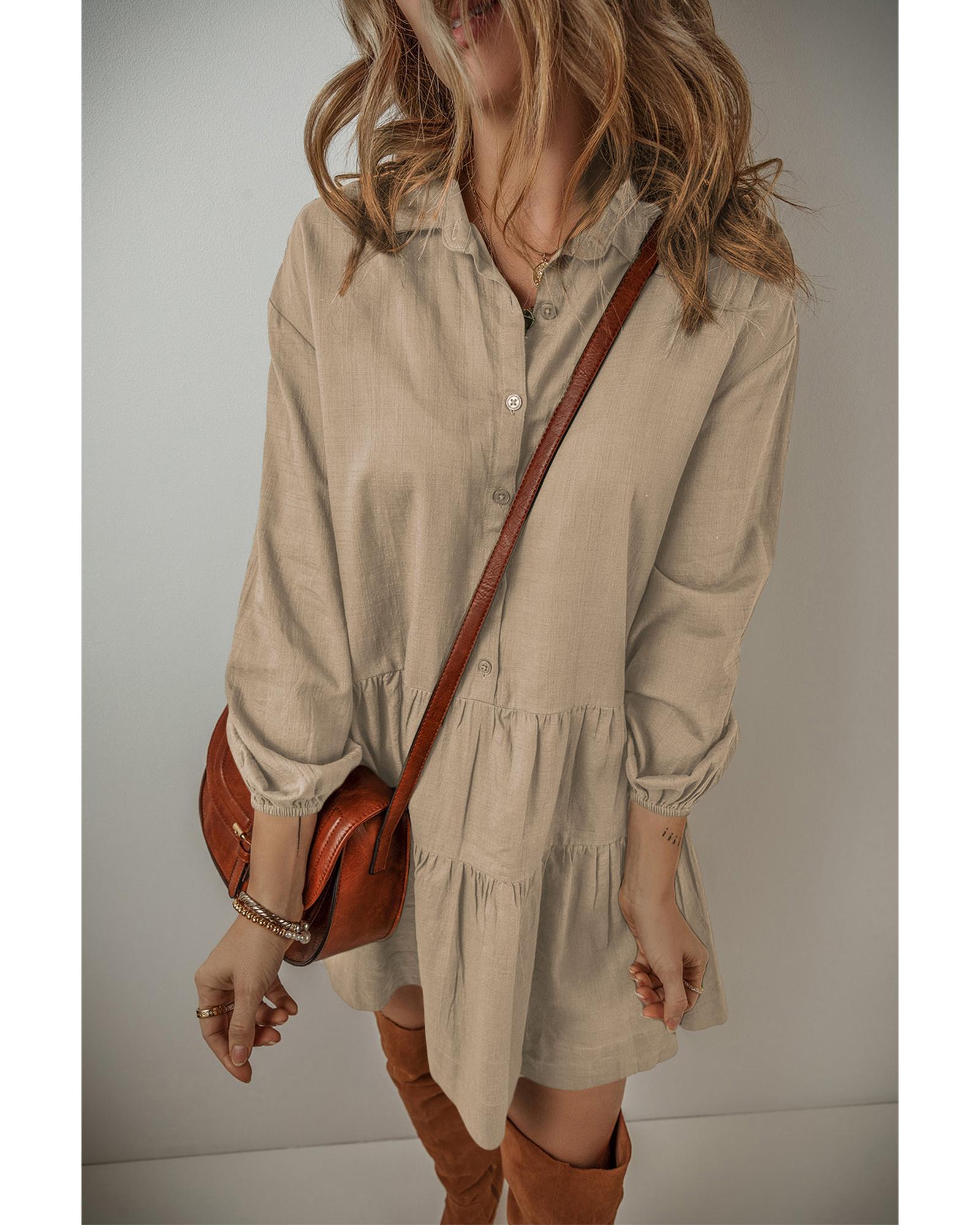 Tan Puff Sleeve Buttoned Tiered Pleated Shirt Mini Dress - S