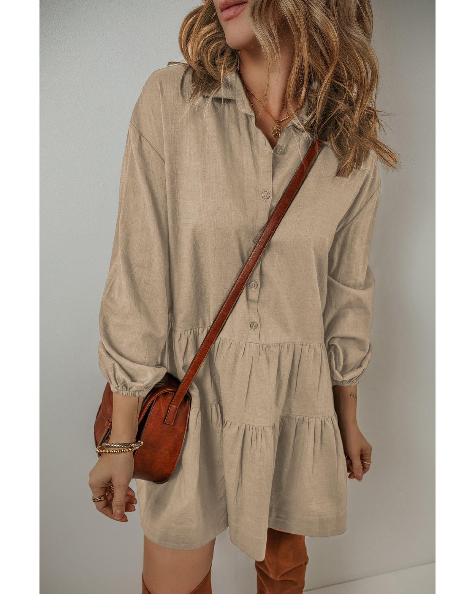 Tan Puff Sleeve Buttoned Tiered Pleated Shirt Mini Dress - XL