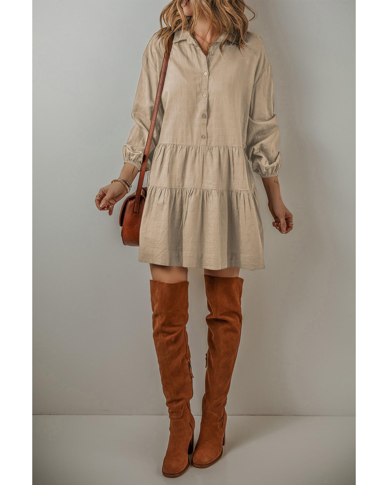 Tan Puff Sleeve Buttoned Tiered Pleated Shirt Mini Dress - XL