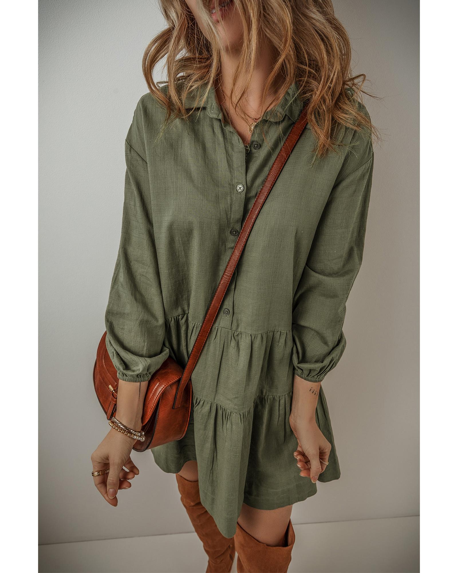 Jungle Green Puff Sleeve Buttoned Tiered Pleated Shirt Mini Dress - M
