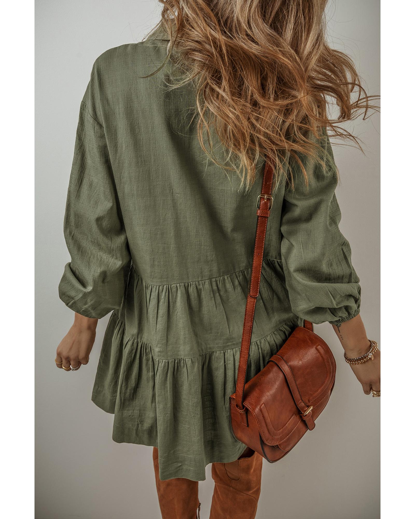 Jungle Green Puff Sleeve Buttoned Tiered Pleated Shirt Mini Dress - M