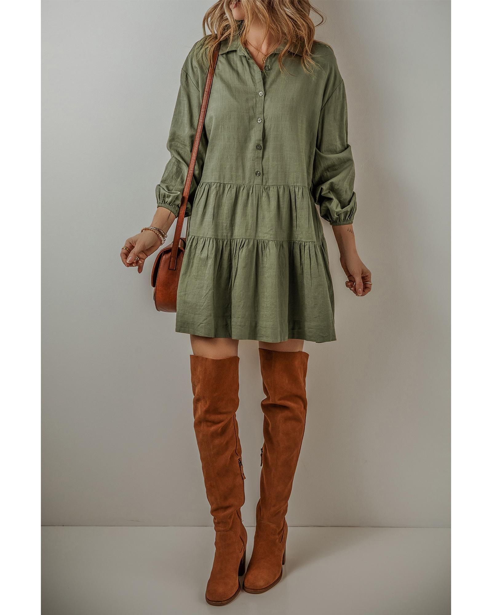 Jungle Green Puff Sleeve Buttoned Tiered Pleated Shirt Mini Dress - M