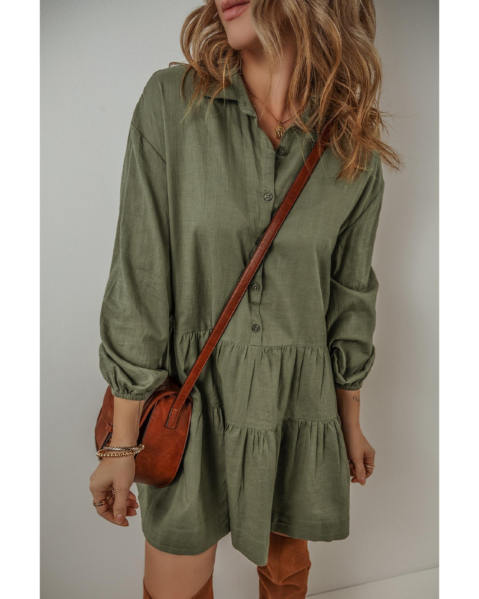 Jungle Green Puff Sleeve Buttoned Tiered Pleated Shirt Mini Dress - M