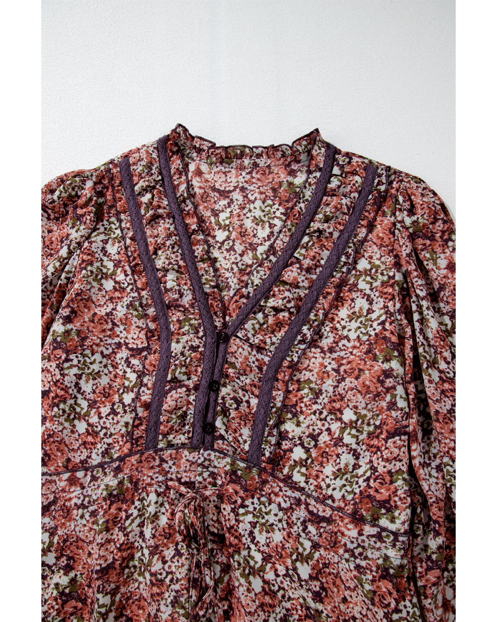 Brown Floral Print Split Front Tiered Frilled V Neck Midi Dress - M