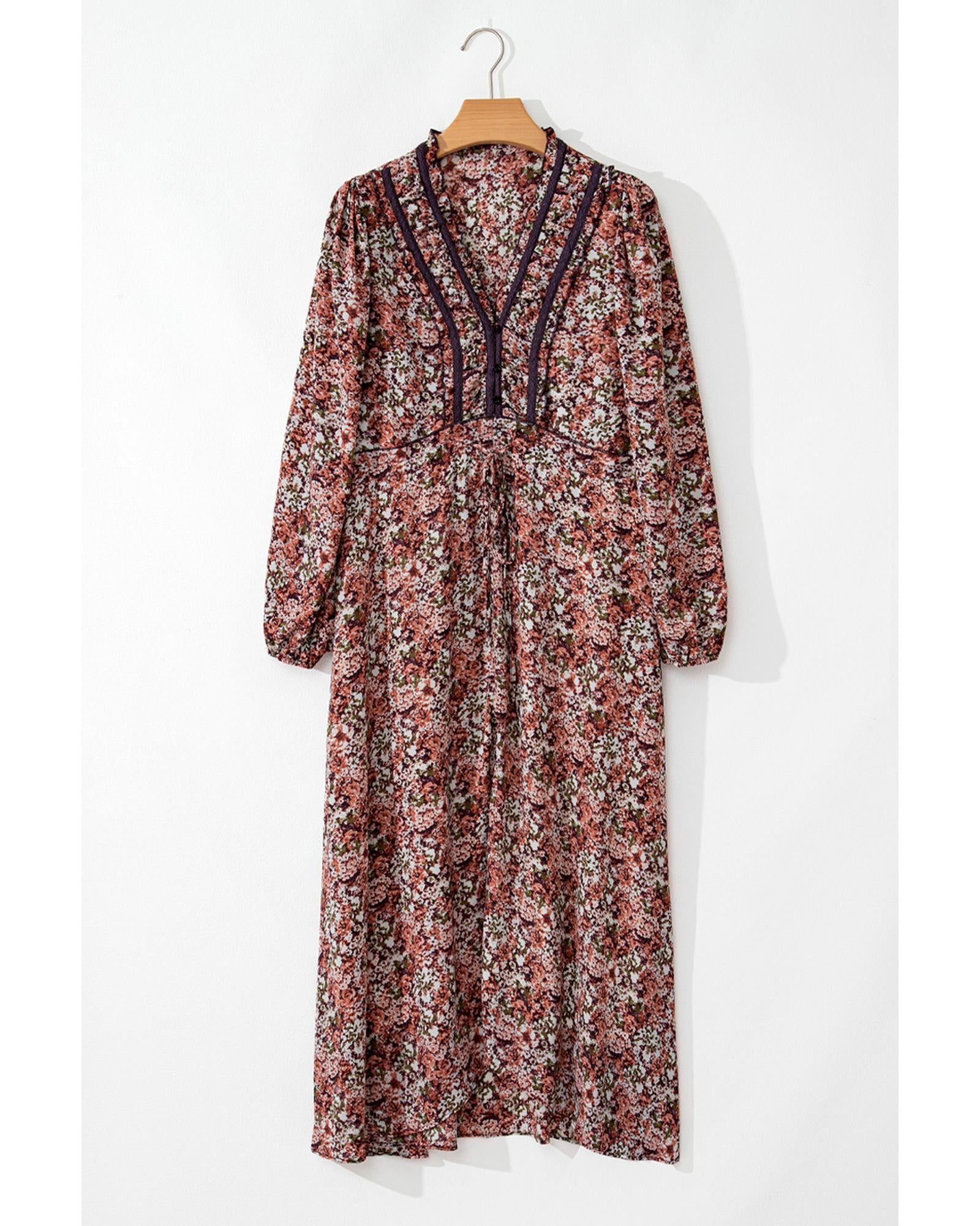 Brown Floral Print Split Front Tiered Frilled V Neck Midi Dress - M
