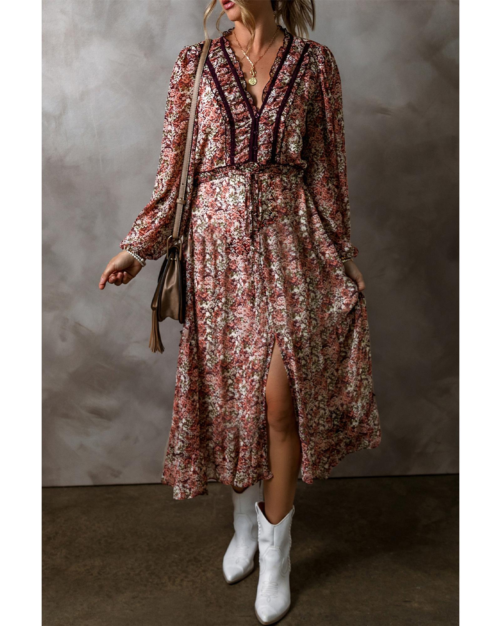 Brown Floral Print Split Front Tiered Frilled V Neck Midi Dress - M
