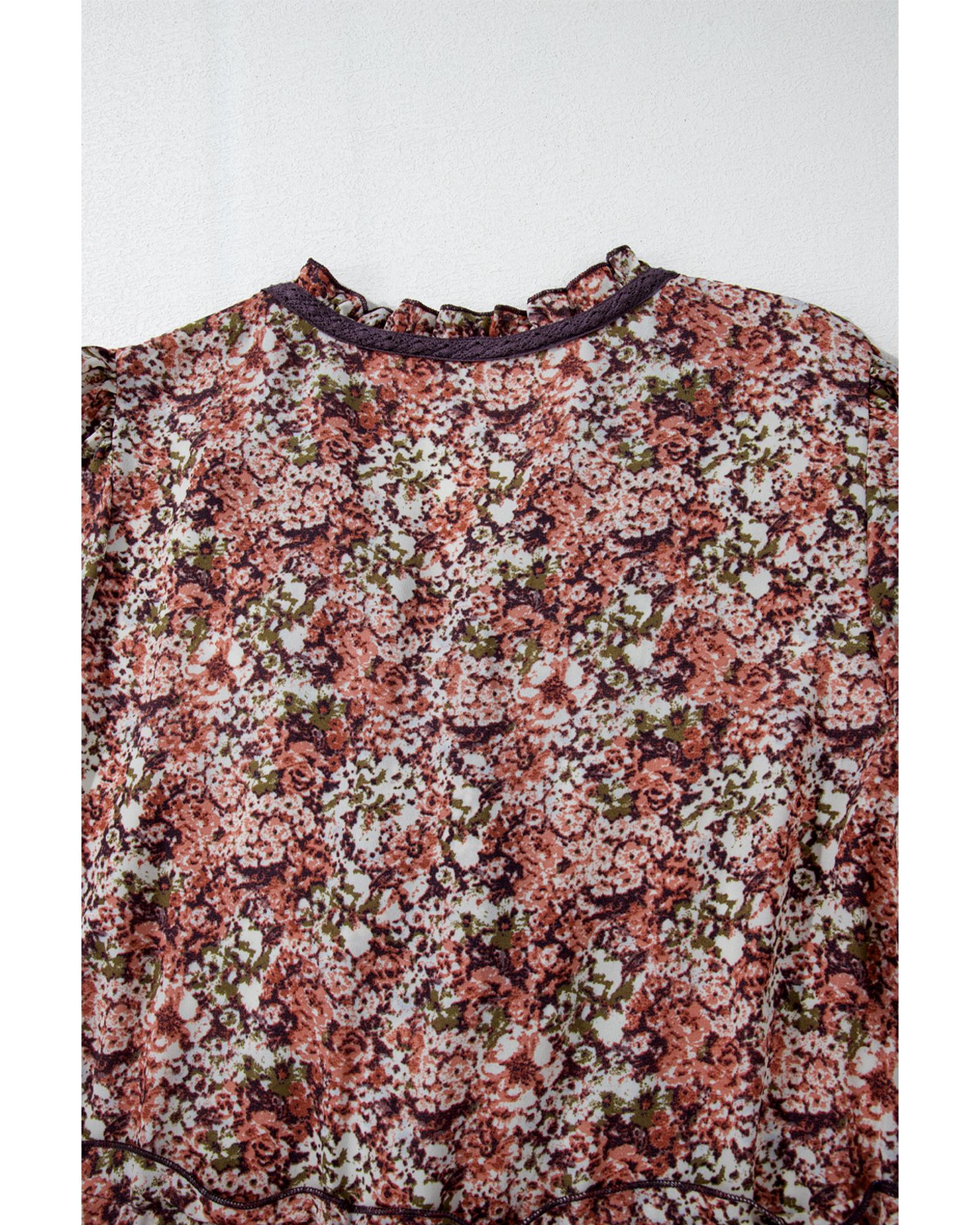 Brown Floral Print Split Front Tiered Frilled V Neck Midi Dress - M