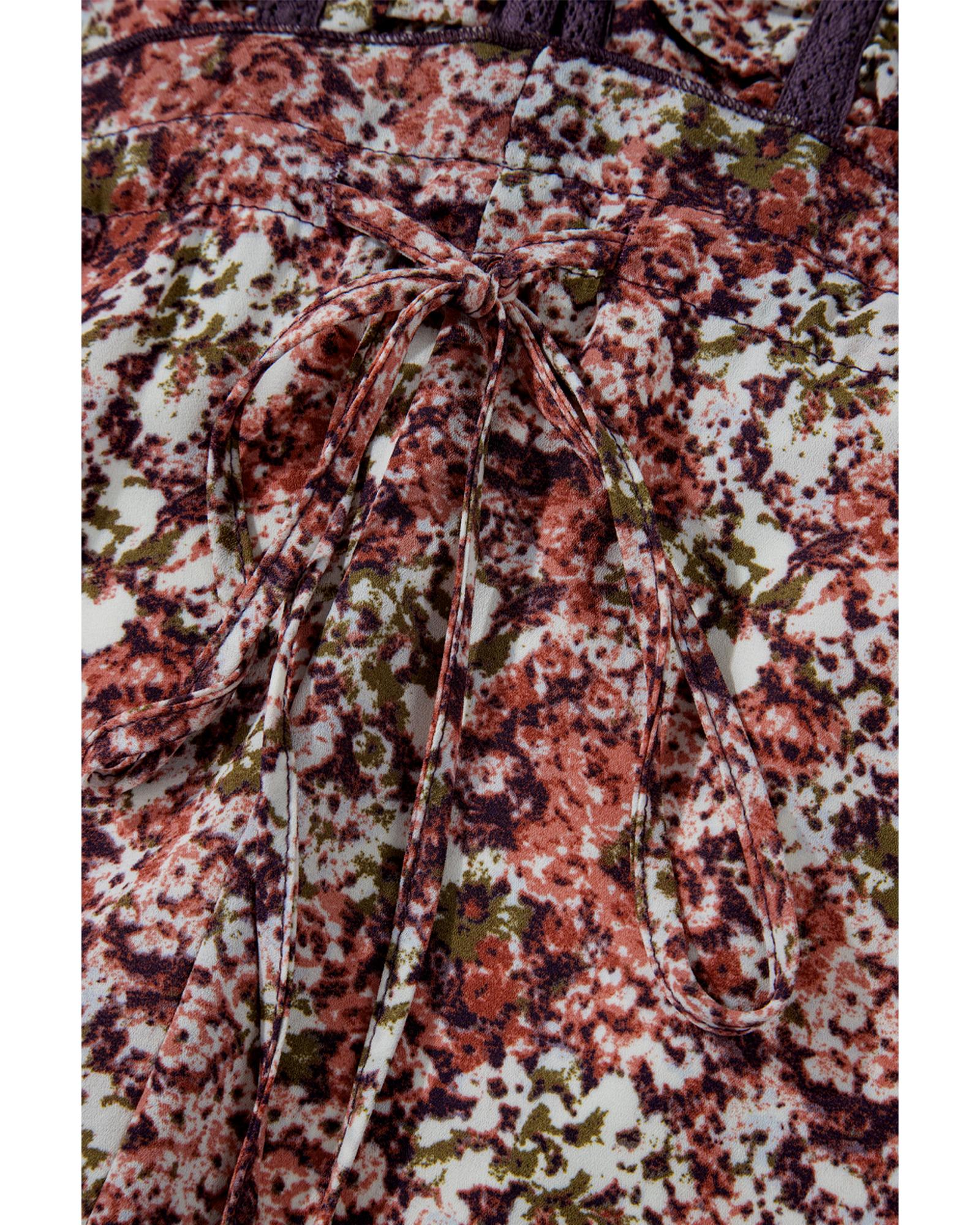 Brown Floral Print Split Front Tiered Frilled V Neck Midi Dress - M