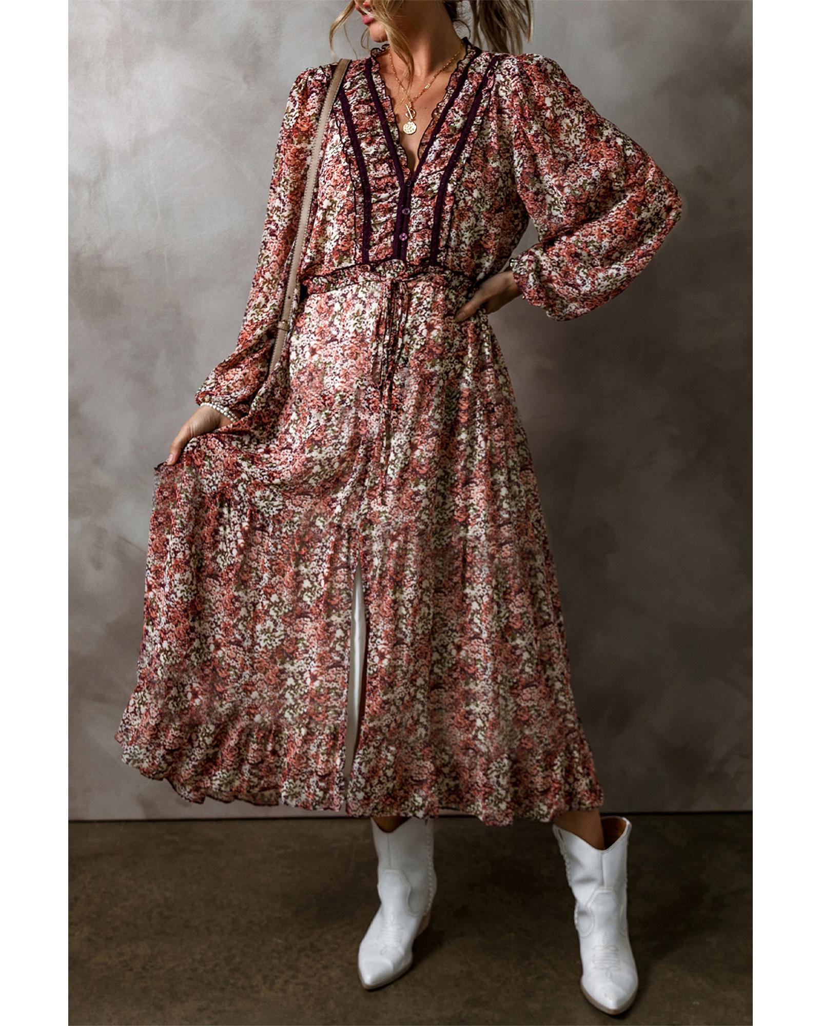 Brown Floral Print Split Front Tiered Frilled V Neck Midi Dress - M