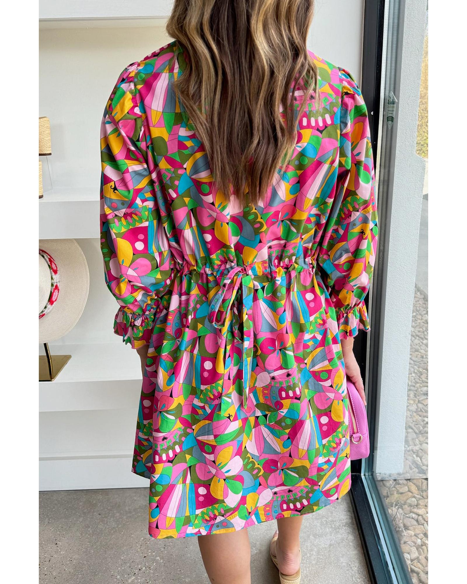 Pink Abstract Printed Lantern Sleeve Buttoned Mini Dress - M