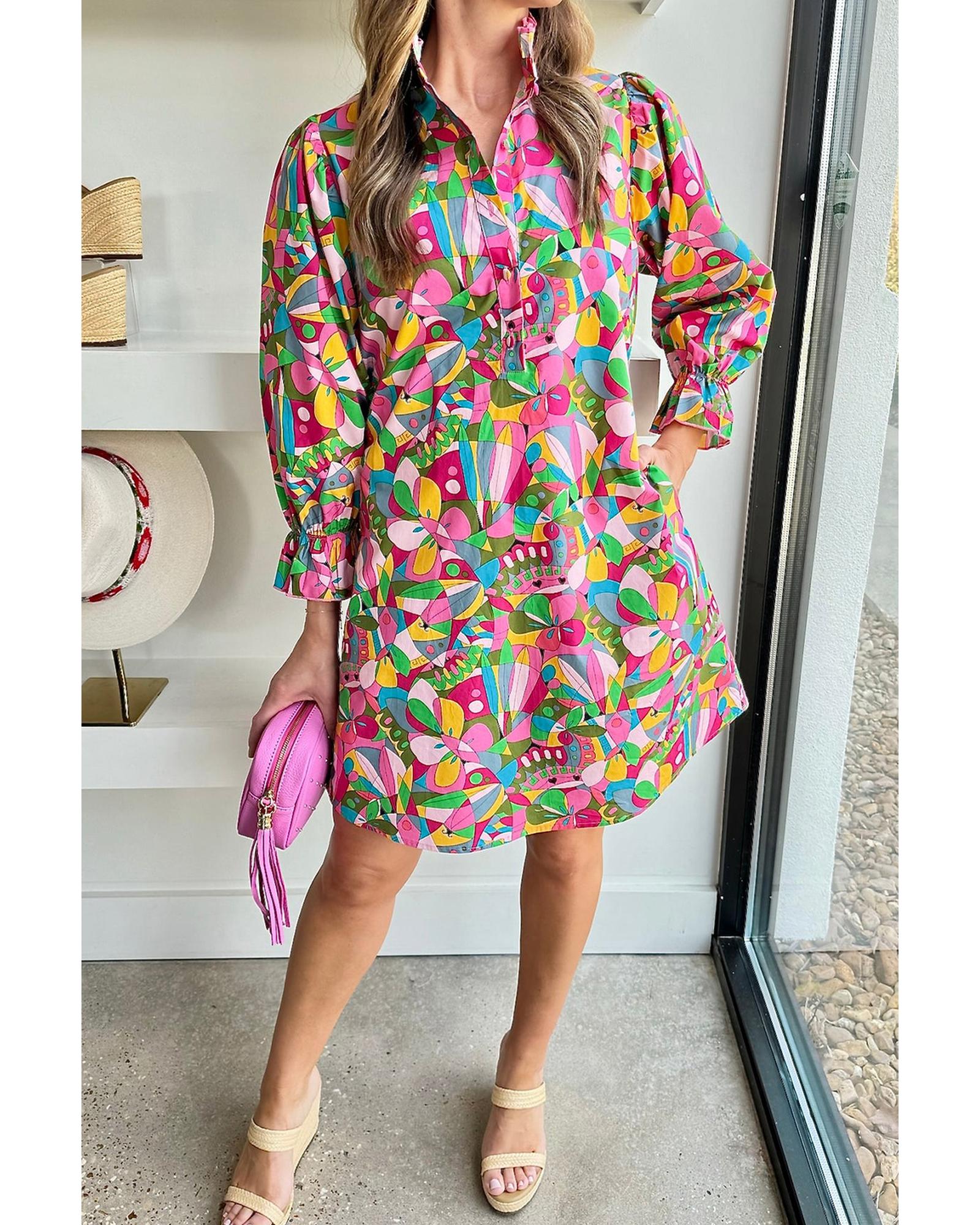 Pink Abstract Printed Lantern Sleeve Buttoned Mini Dress - XL