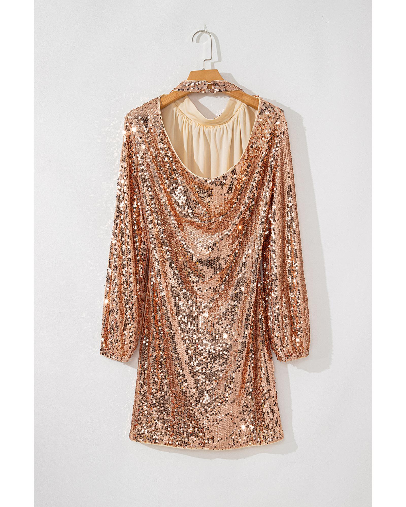 Gold Sequined Long Sleeve Cutout Back Mini Dress - L
