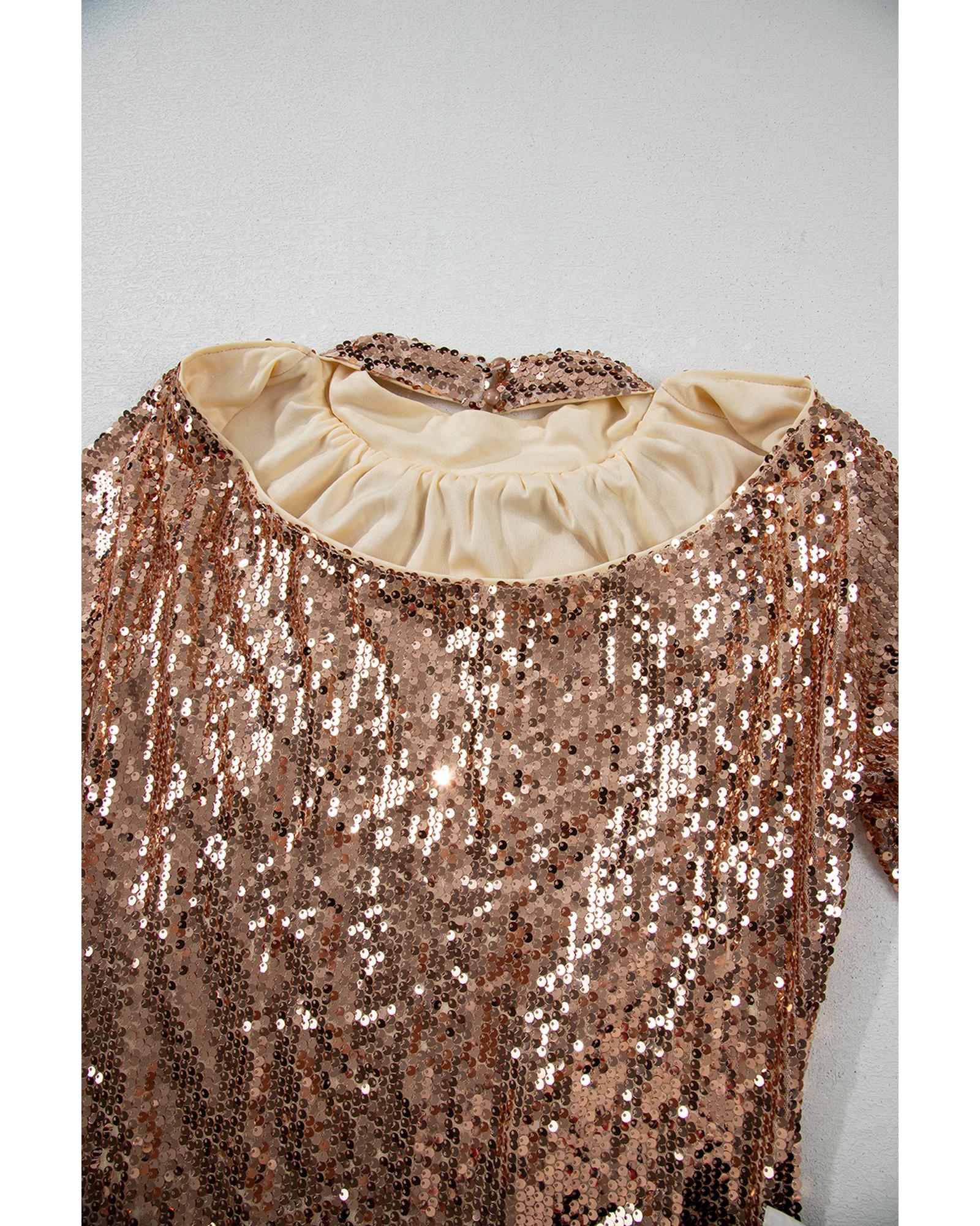 Gold Sequined Long Sleeve Cutout Back Mini Dress - S