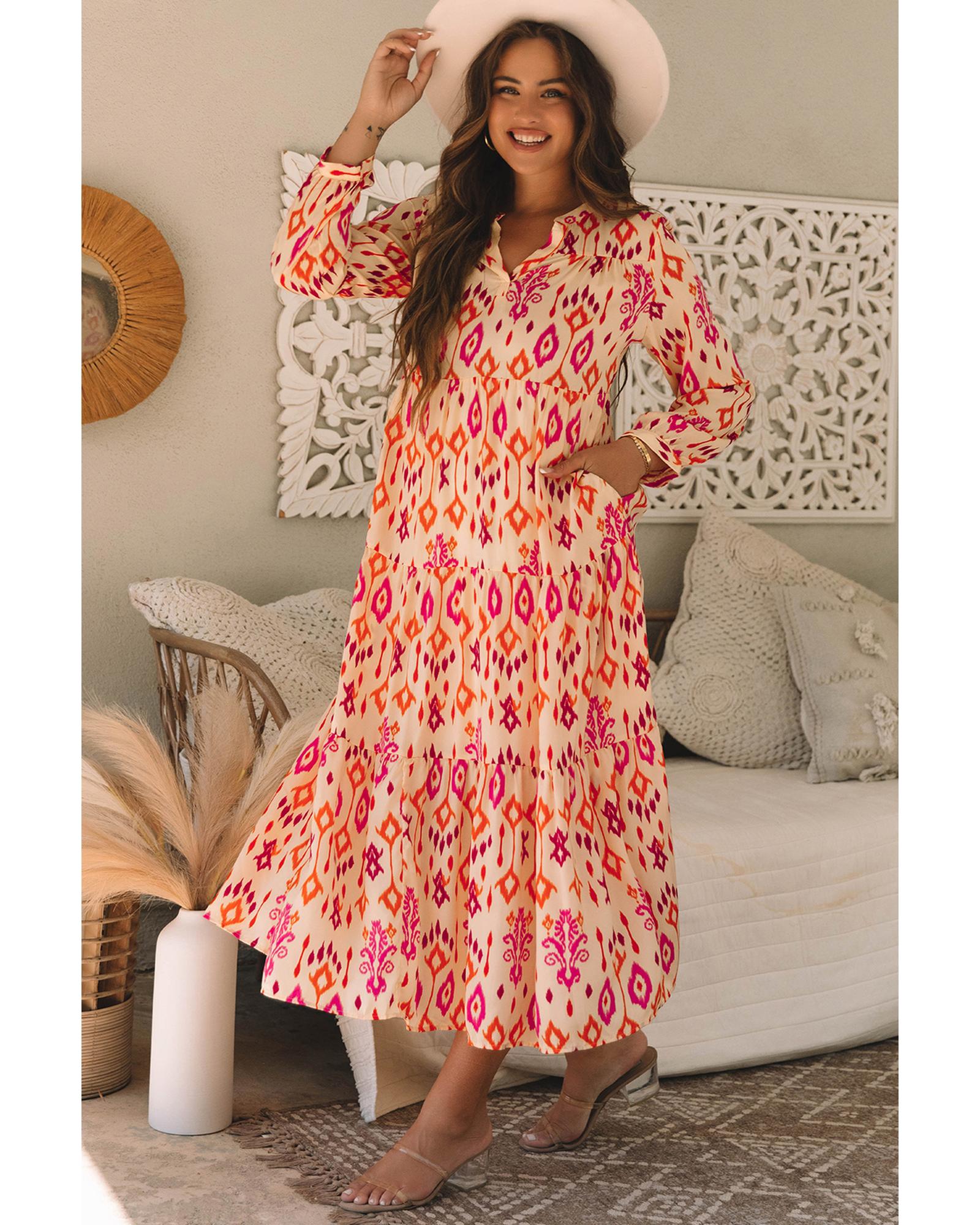 Orange Western Abstract Geometric Printed Maxi Dress - XL