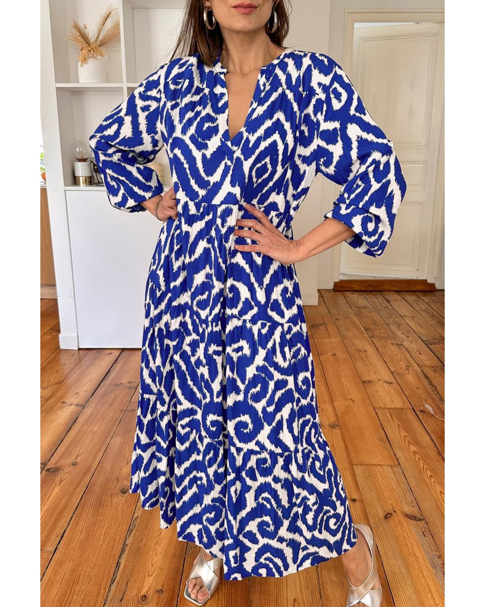 Blue Western Abstract Geometric Printed Maxi Dress - L