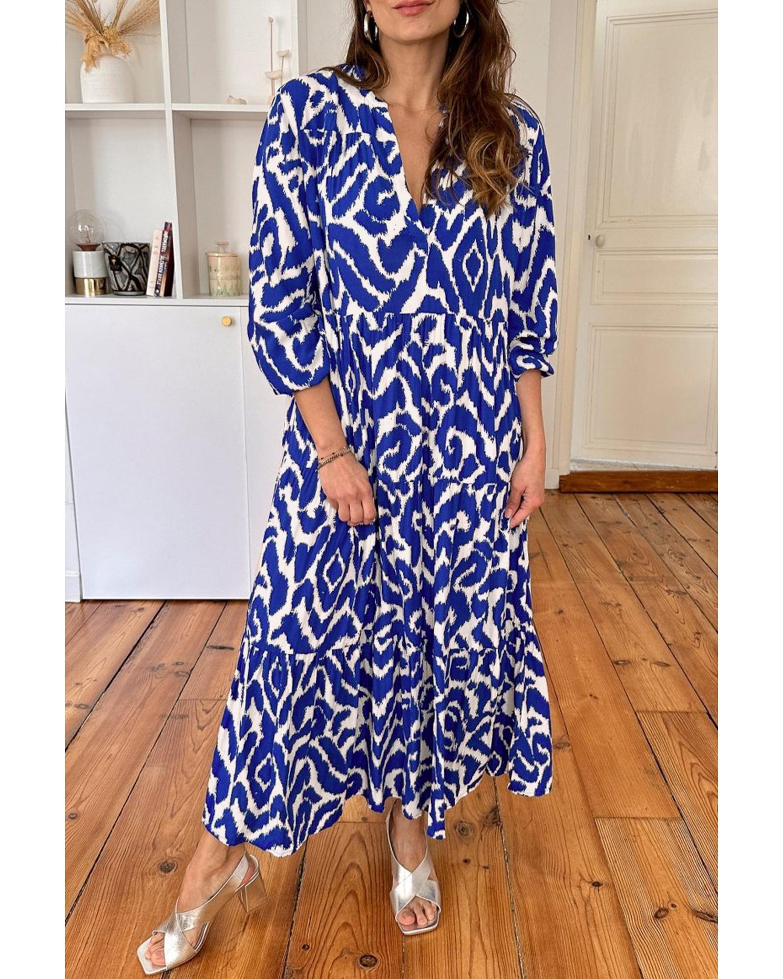 Blue Western Abstract Geometric Printed Maxi Dress - L