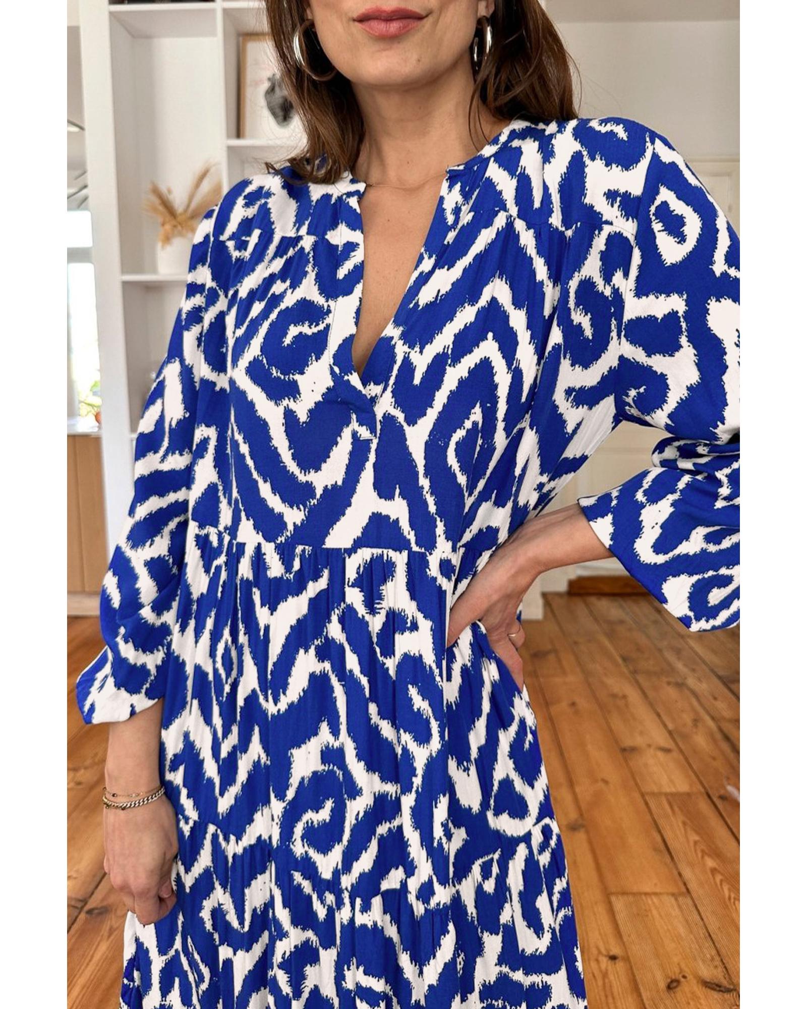 Blue Western Abstract Geometric Printed Maxi Dress - L