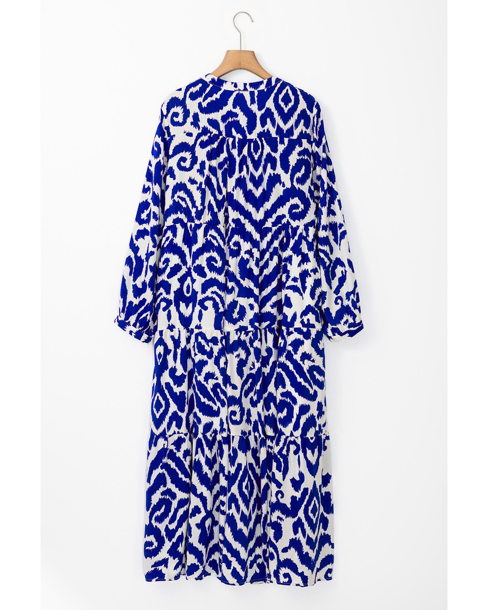Blue Western Abstract Geometric Printed Maxi Dress - L