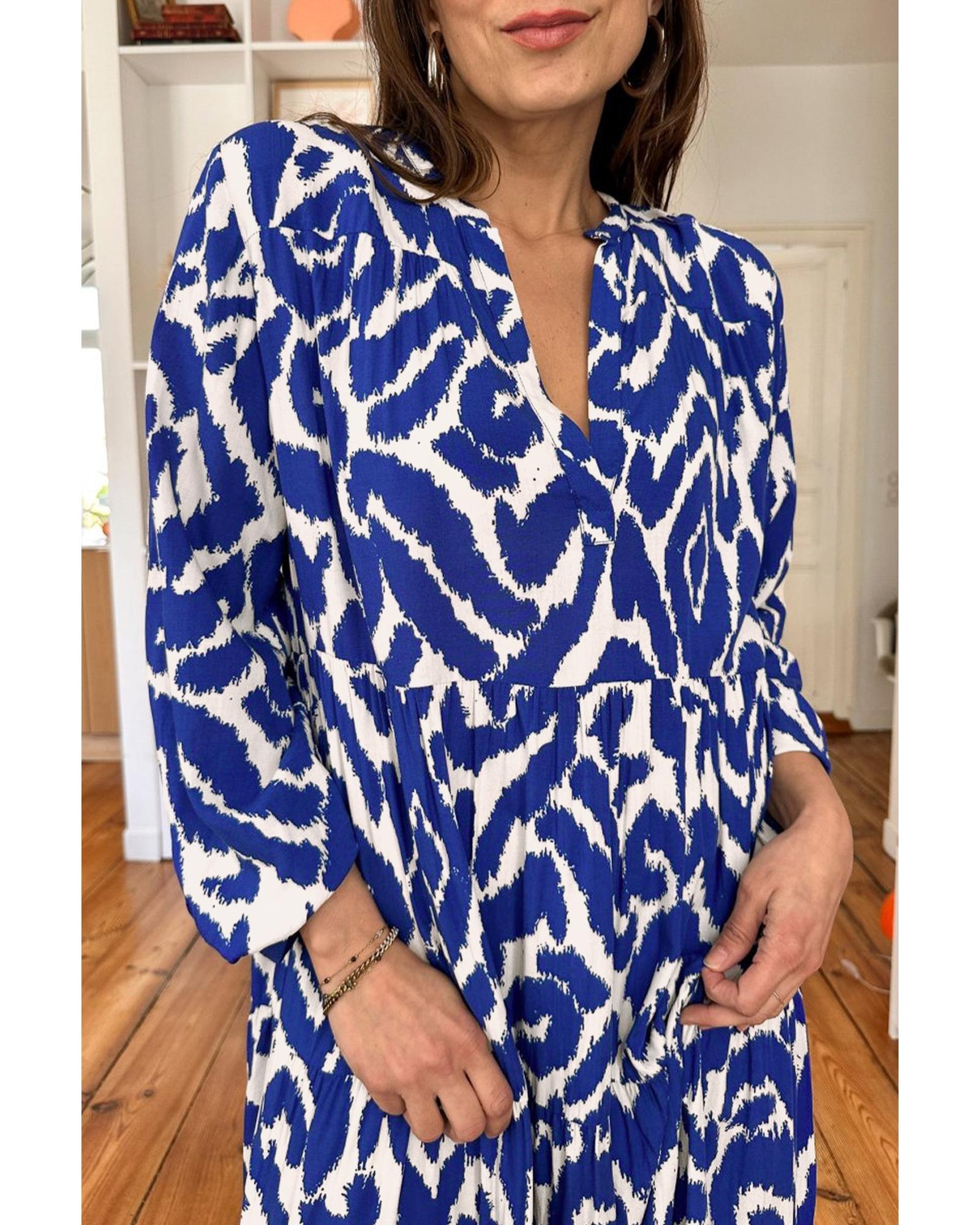 Blue Western Abstract Geometric Printed Maxi Dress - L