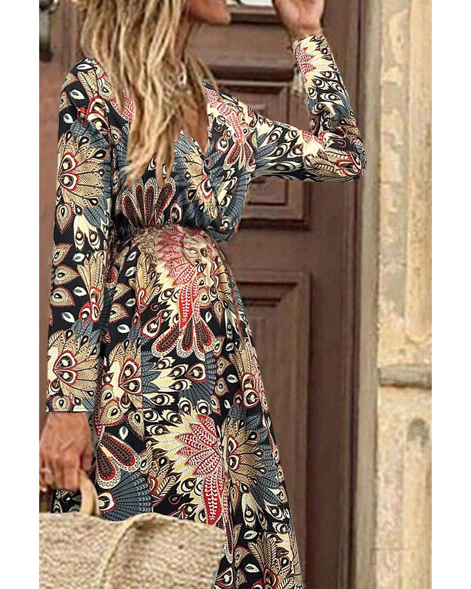Black Floral Print V Neck Wrap High Waist Maxi Dress - S