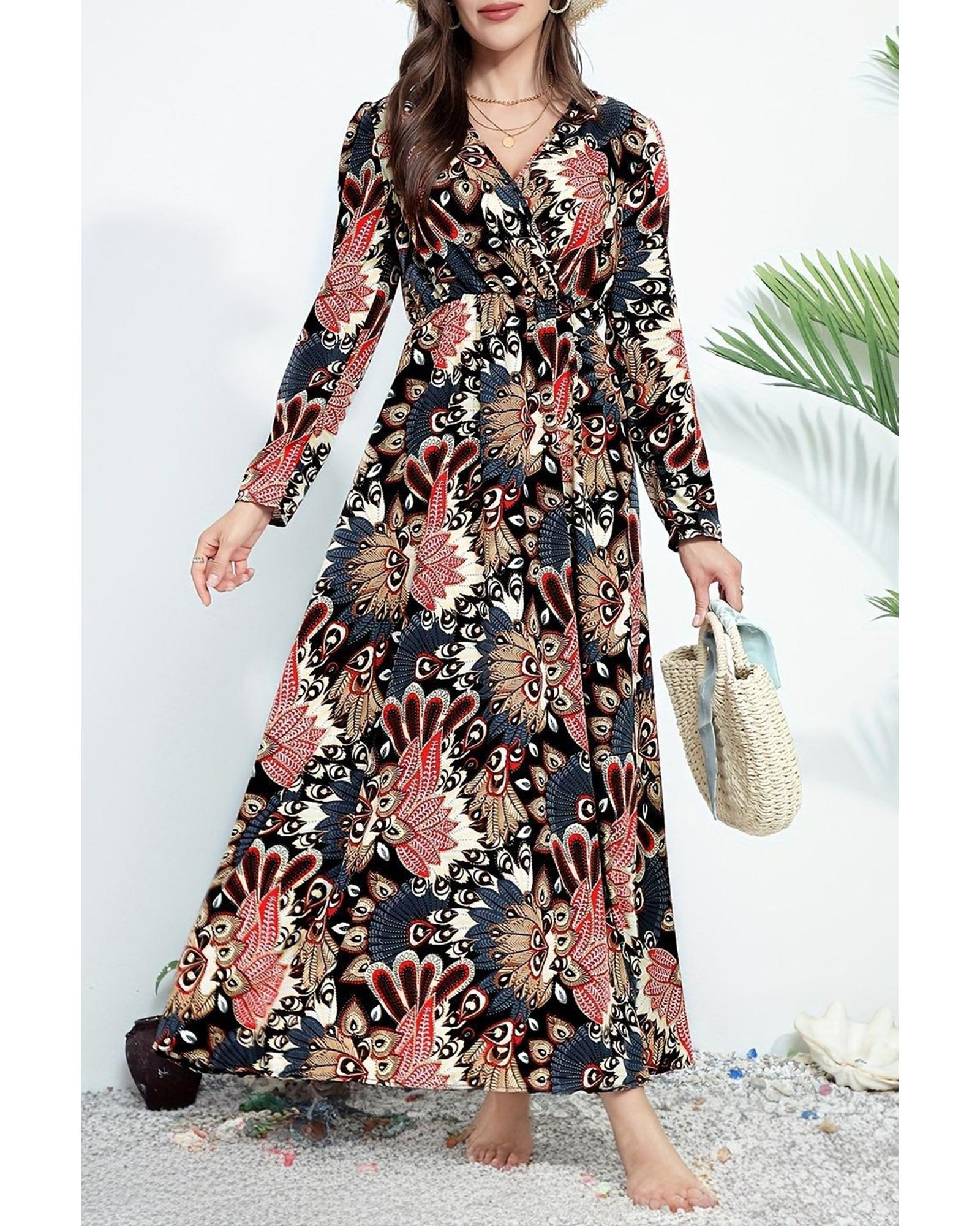 Black Floral Print V Neck Wrap High Waist Maxi Dress - S