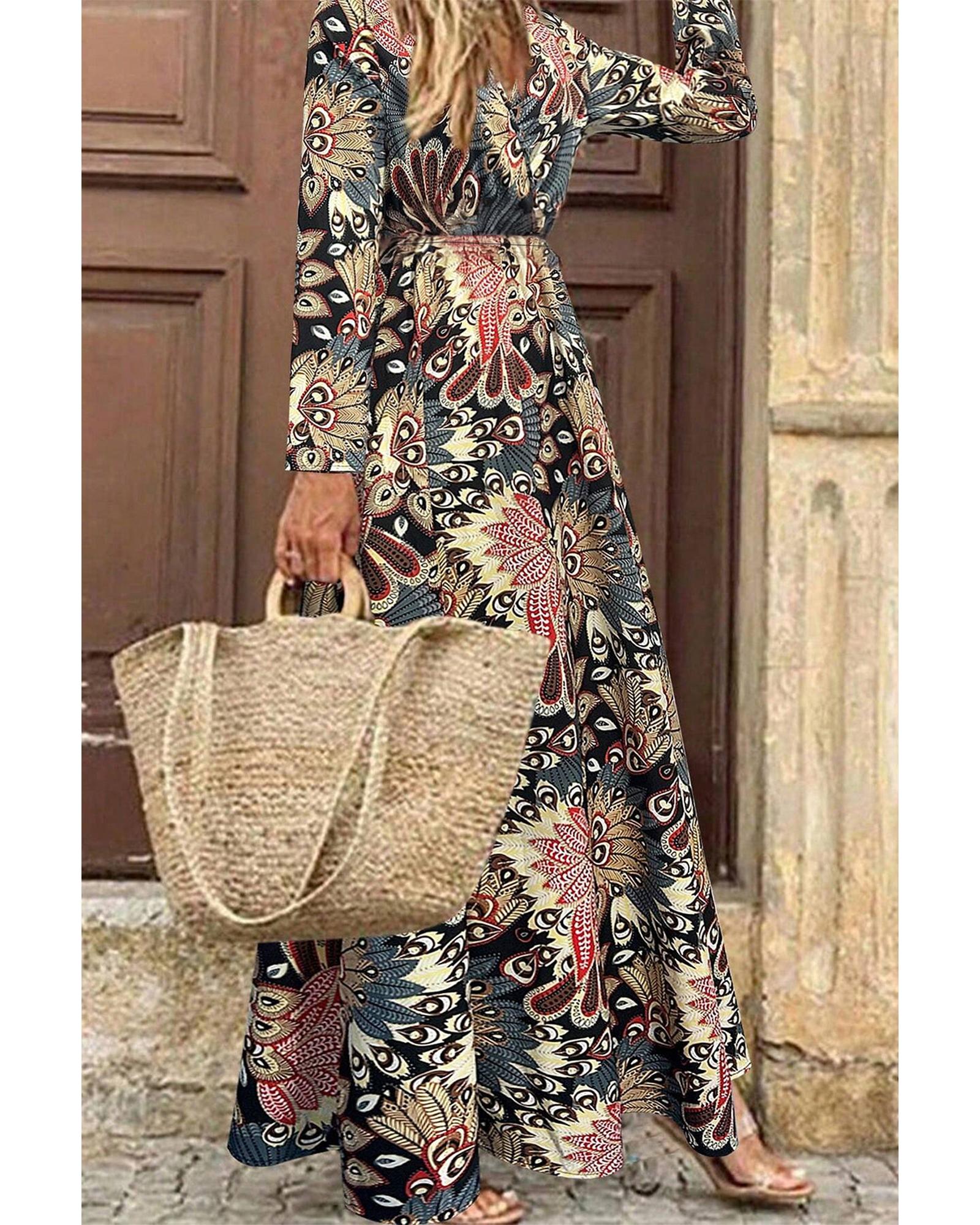 Black Floral Print V Neck Wrap High Waist Maxi Dress - S
