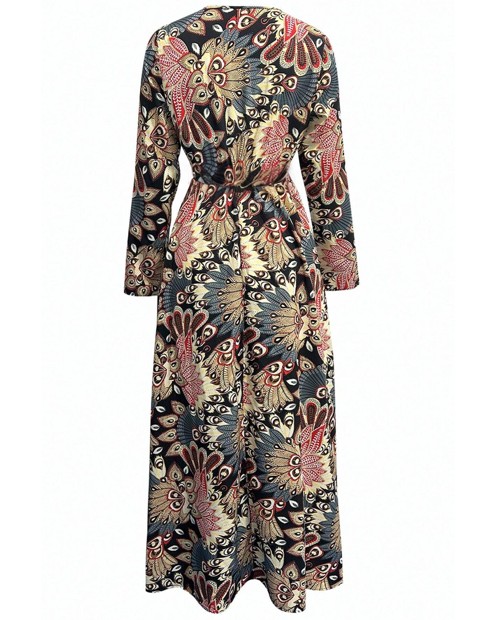 Black Floral Print V Neck Wrap High Waist Maxi Dress - S