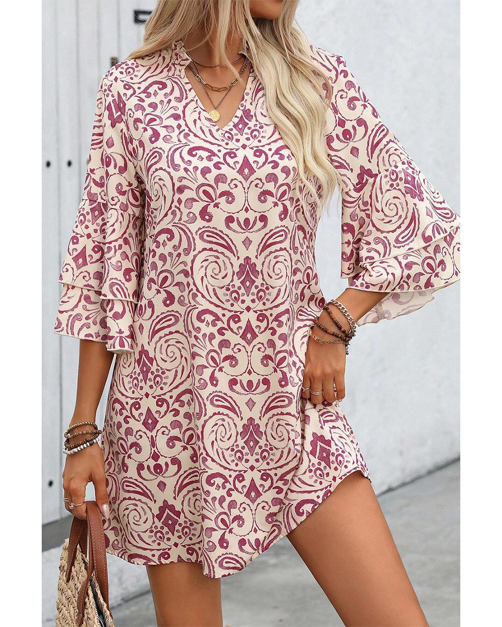Pink Paisley Print Tiered 3/4 Sleeve Notched Neck Mini Dress - XL