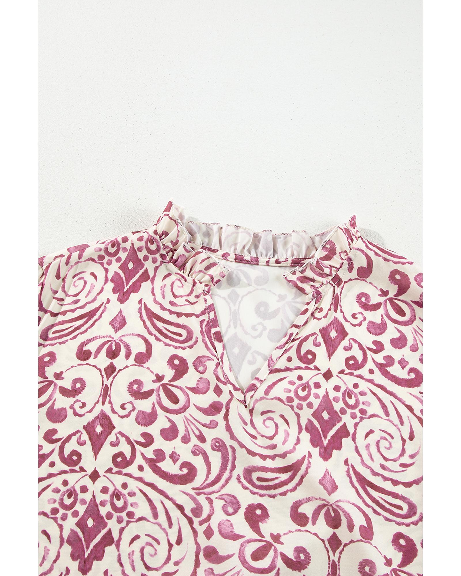 Pink Paisley Print Tiered 3/4 Sleeve Notched Neck Mini Dress - XL