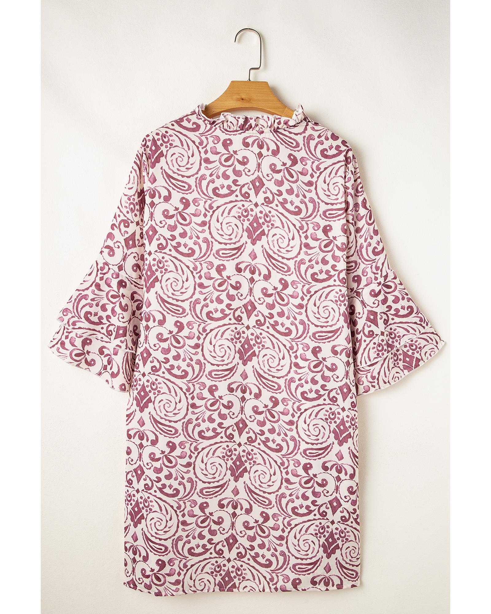 Pink Paisley Print Tiered 3/4 Sleeve Notched Neck Mini Dress - XL