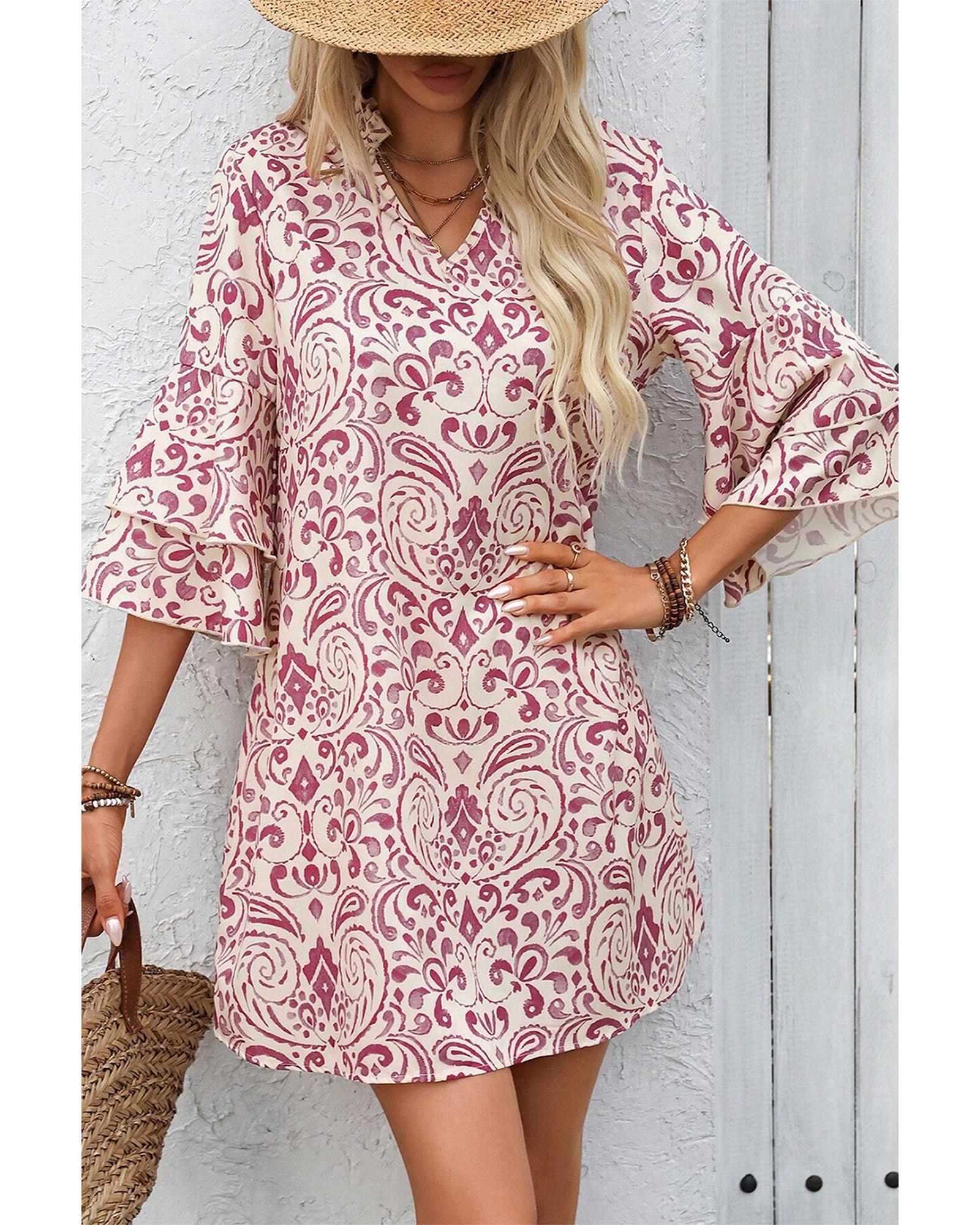 Pink Paisley Print Tiered 3/4 Sleeve Notched Neck Mini Dress - XL