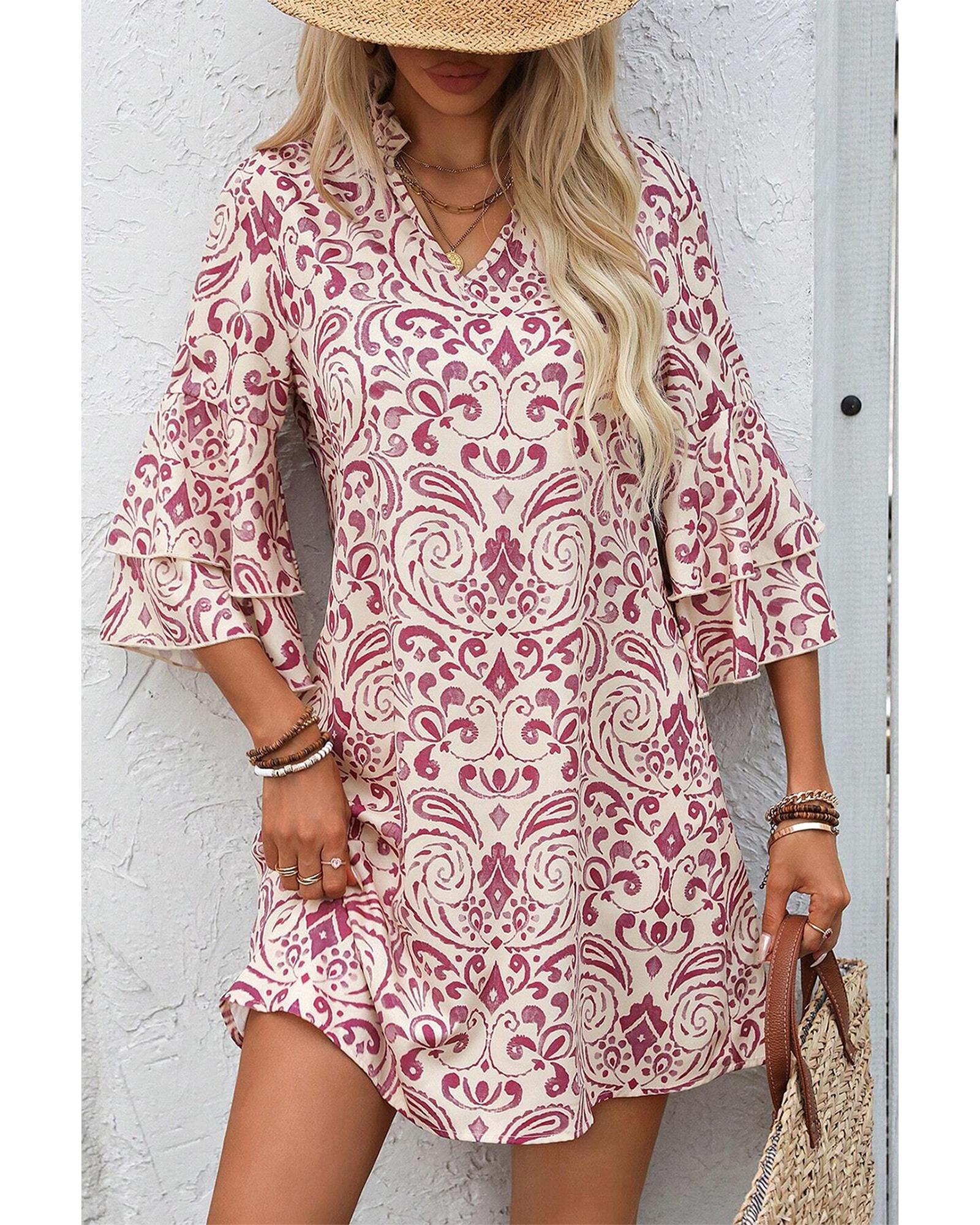 Pink Paisley Print Tiered 3/4 Sleeve Notched Neck Mini Dress - XL