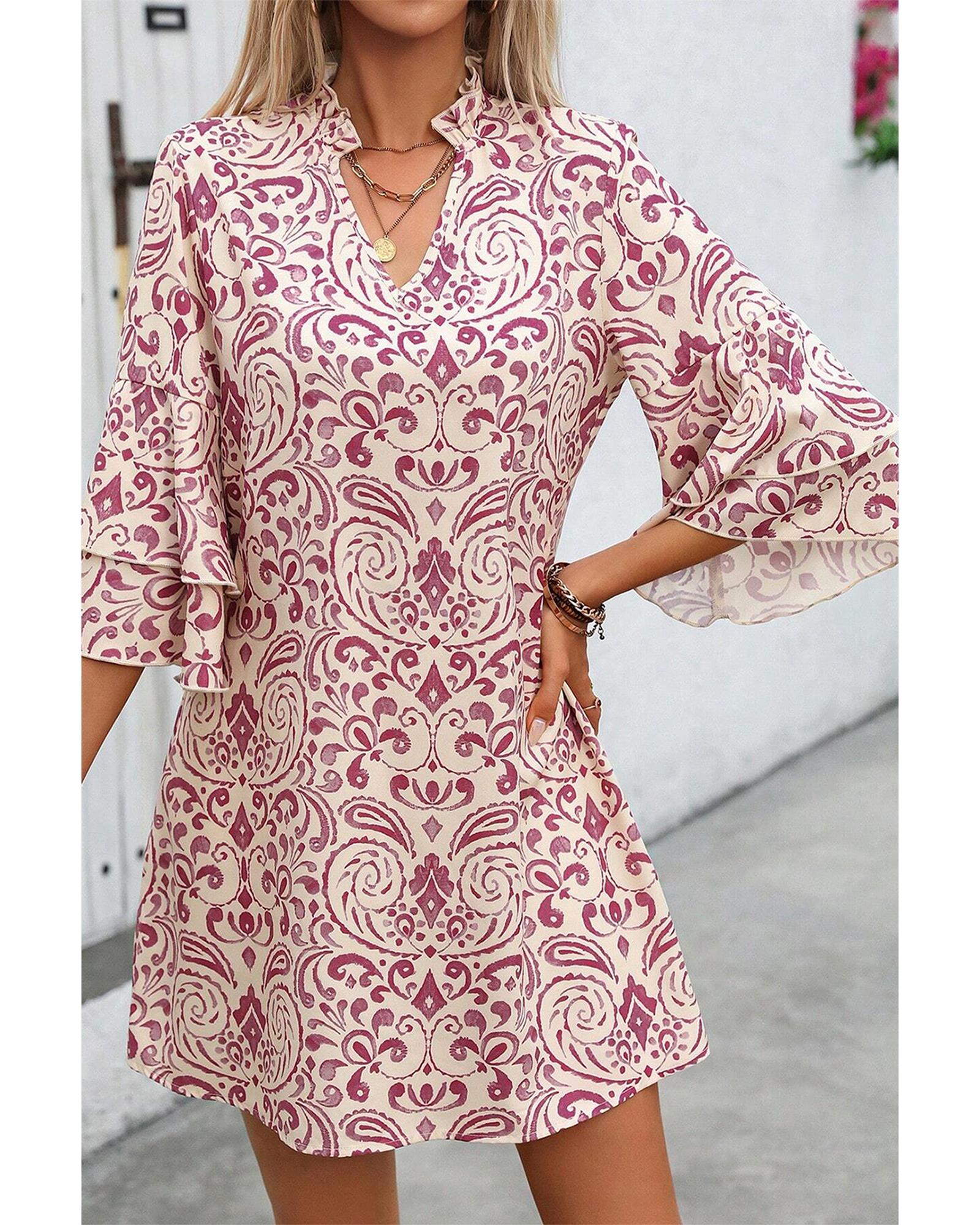 Pink Paisley Print Tiered 3/4 Sleeve Notched Neck Mini Dress - XL