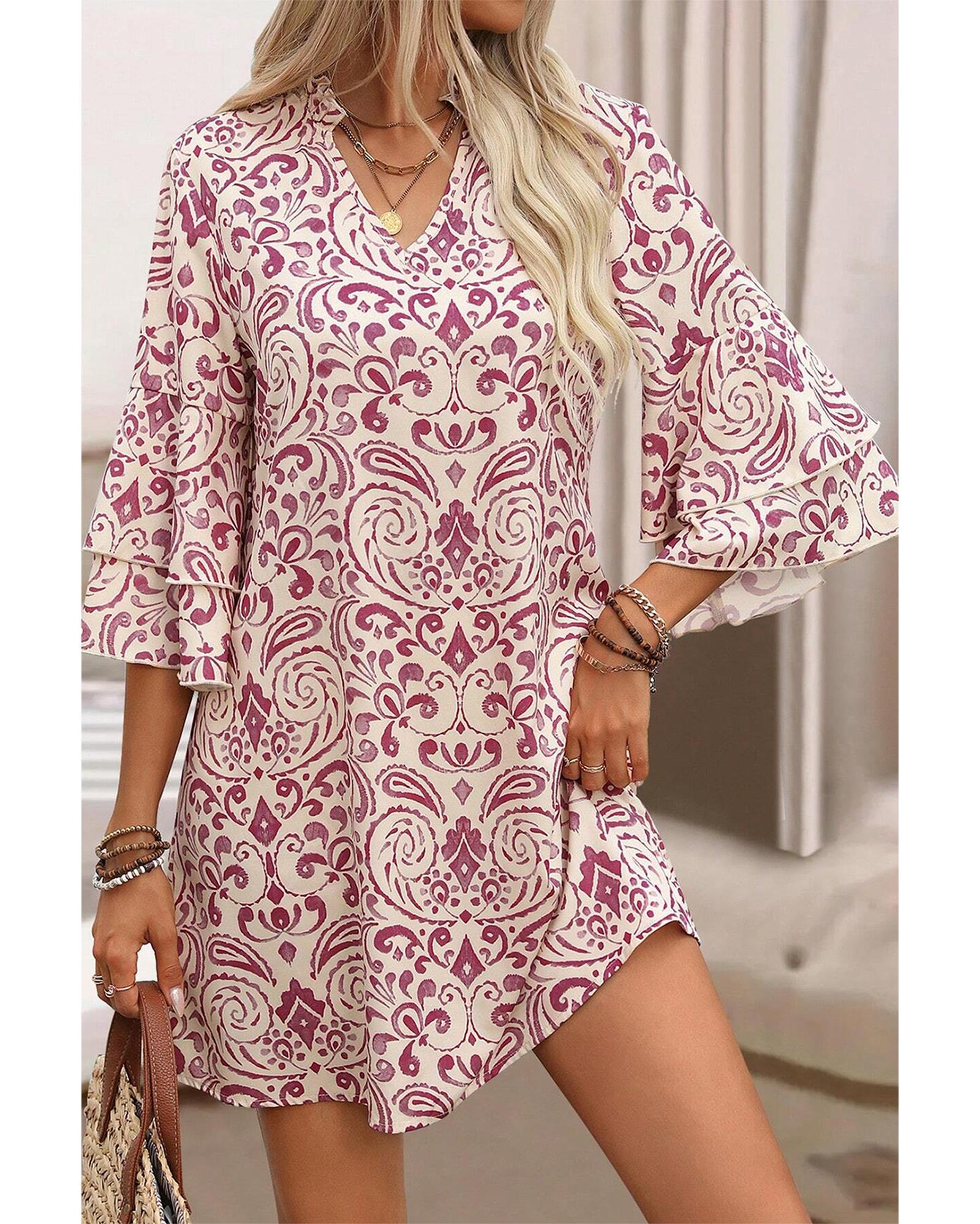 Pink Paisley Print Tiered 3/4 Sleeve Notched Neck Mini Dress - XL