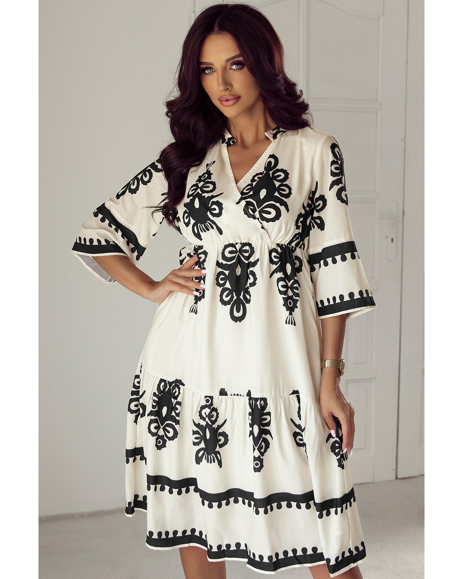 Beige Western Geometric Print 3/4 Sleeve Loose Midi Dress - L