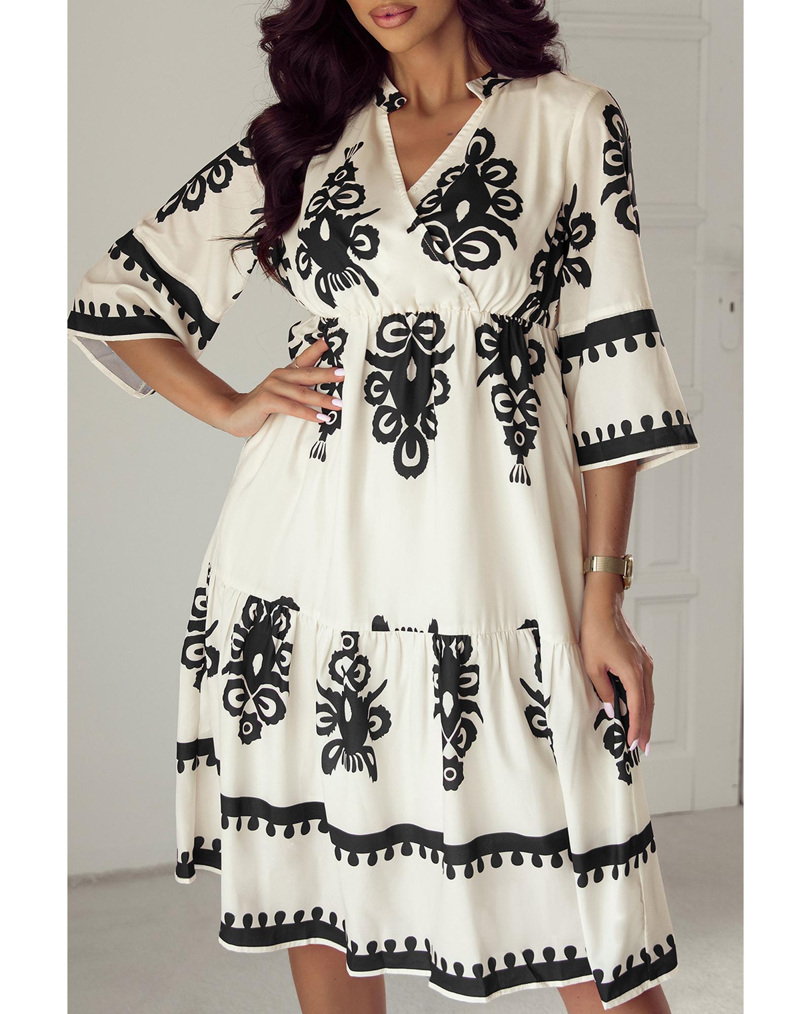 Beige Western Geometric Print 3/4 Sleeve Loose Midi Dress - L